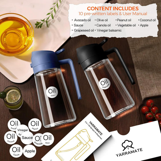 YRRAMATE 16Oz/470Ml Glass Olive Oil Sprayer for Cooking with Stickers, 2 in 1 Oil Dispenser for Kitchen Gadgets, Food Grade Premium Spray Bottle with Portion Control for Salad, BBQ (Navy)