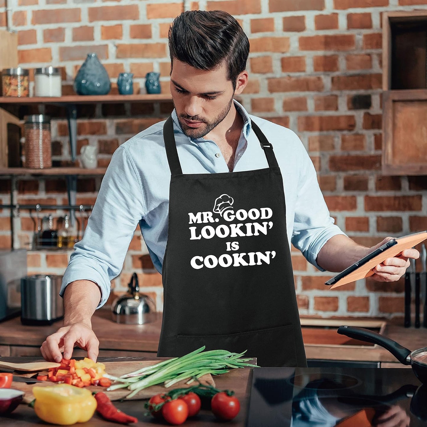 Xornis 100% Cotton Funny Apron with 2 Pockets for Men Women BBQ Grilling Adjustable Bib Black Aprons Gifts Cooking Kitchen
