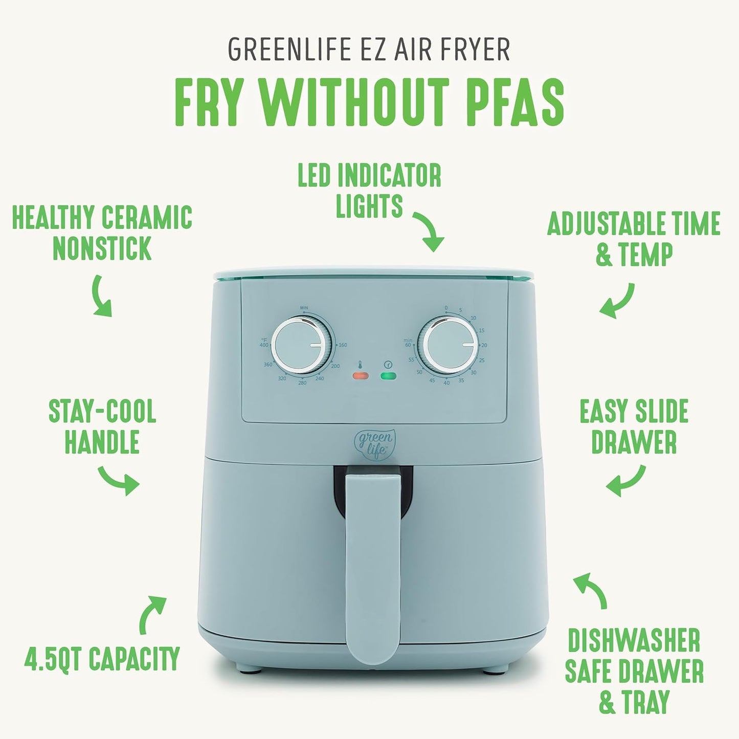 Greenlife 4.5QT Mechanical Air Fryer, Pfas-Free Ceramic Nonstick Crisper Drawer, Adjustable Temperature Timer Dial, LED Indicator, Holiday Gifting, Dishwasher Safe, Kitchen Essential, Blue Haze