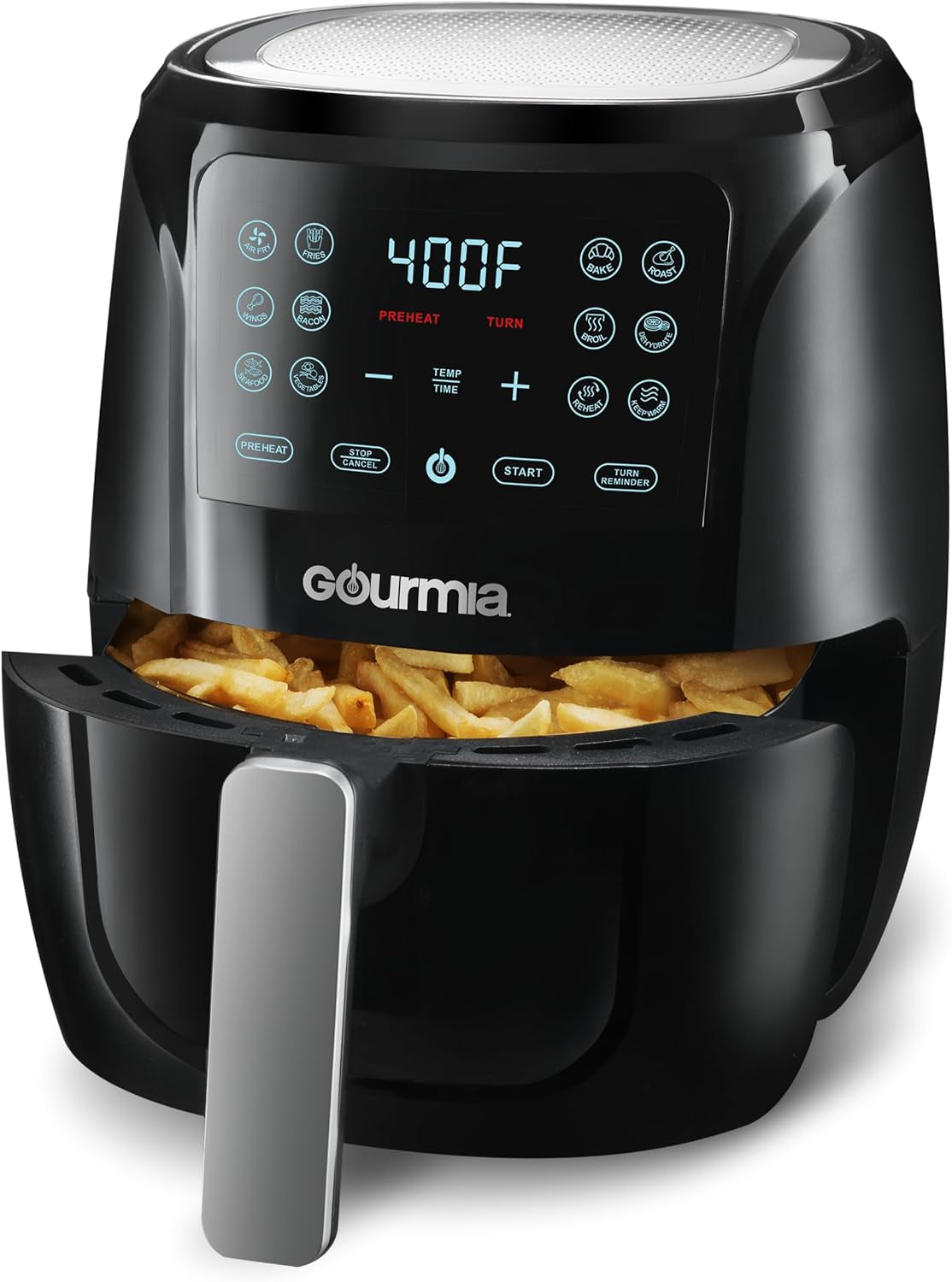 Gourmia Air Fryer Oven Digital Display 4 Quart Large Airfryer Cooker 12 1-Touch Cooking Presets, Black and Stainless Steel Accents Fry Force GAF486
