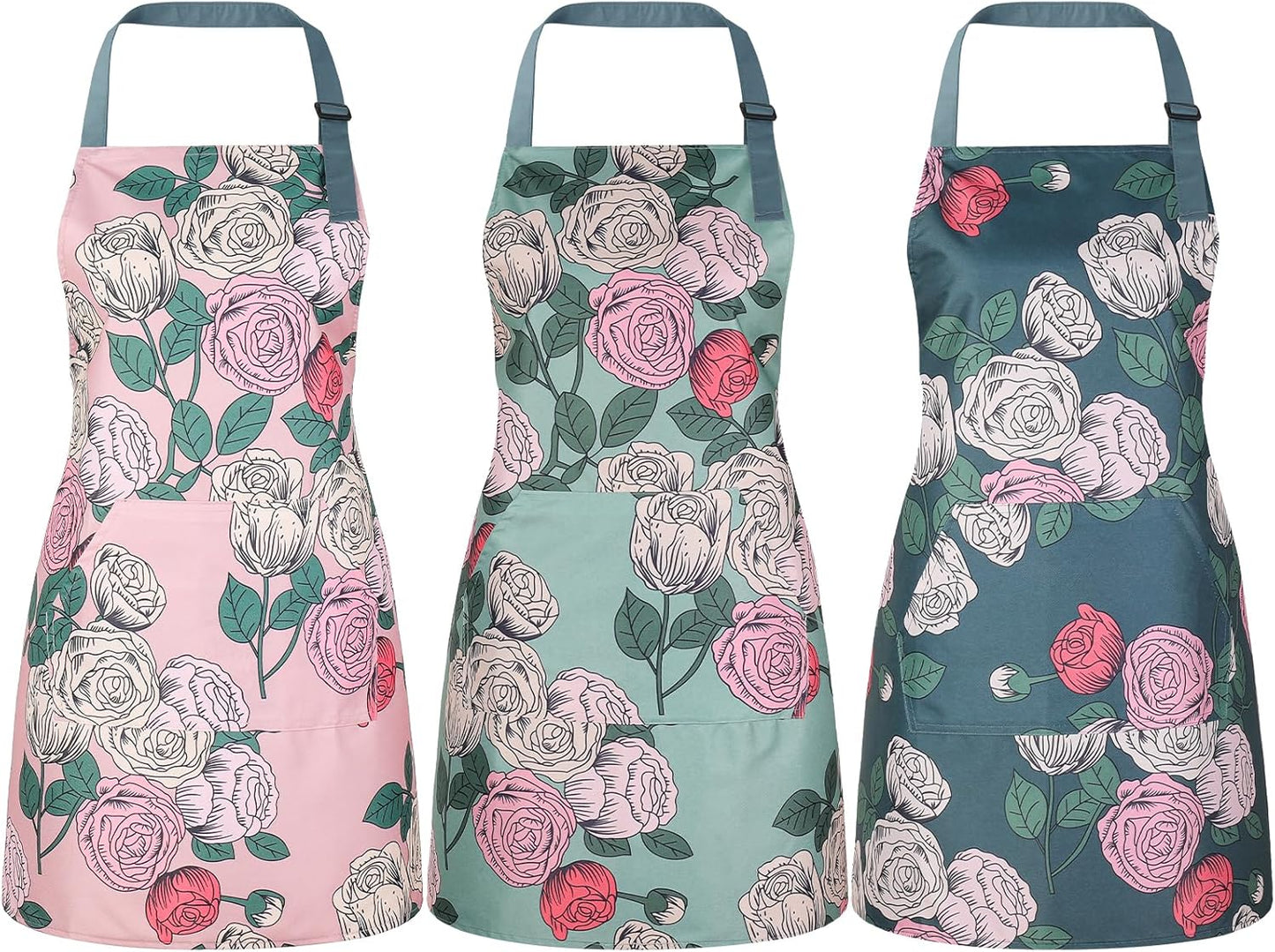 3 Pack Floral Aprons for Women with 2 Pockets, Women Aprons Waterproof Adjustable Cooking Aprons for Kitchen, Gardening, Baking, Salon Apron Gift for Mom Wife Sister Grandma