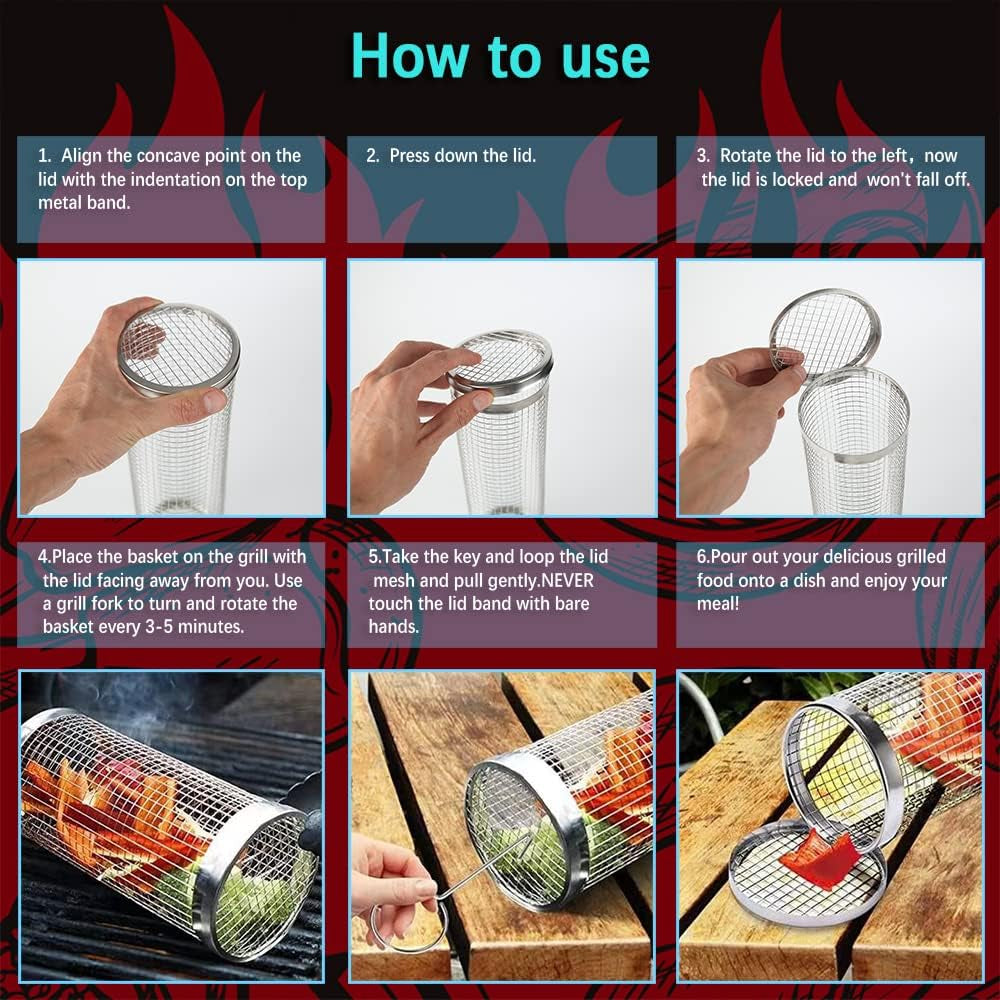 BBQ Net Tube-Rolling Grilling Basket,Rolling Grilling Baskets for Outdoor Grilling,Round Stainless Steel BBQ Grill Mesh, Camping Barbecue Rack for Vegetables, French Fries, Fish