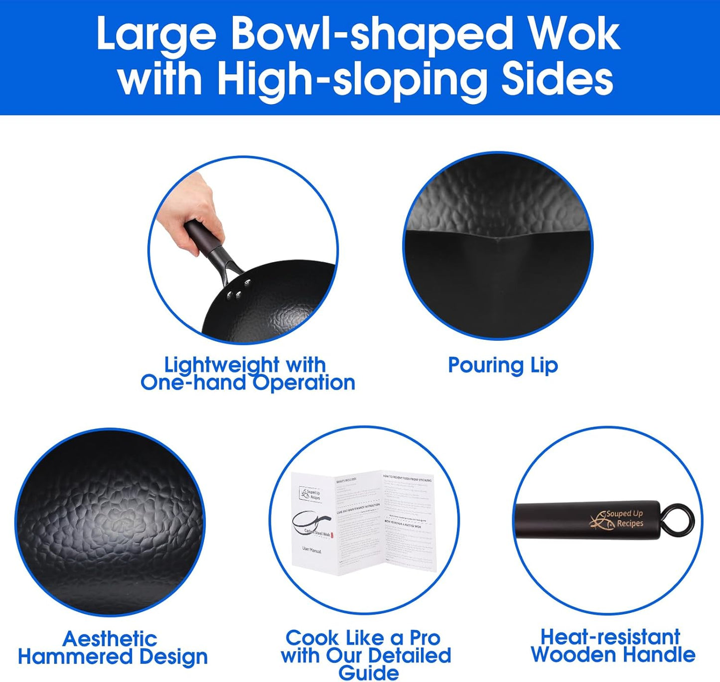 13.4 Inch Carbon Steel Wok for Electric, Induction and Gas Stoves (Lid, Spatula and User Guide Video Included)