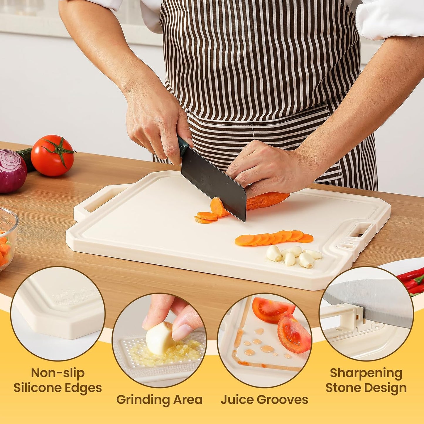 Double Sided Cutting Boards for Kitchen-16X 12 Inch 304 Stainless Steel & Wheat Straw PP Cutting Board for Meat/Vegetable-Non Slip,Dishwasher Safe and Scratch Resistant Chopping Board Beige
