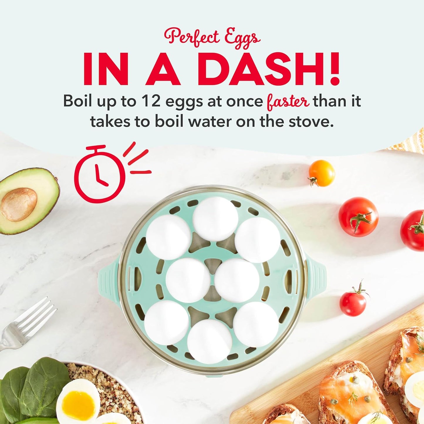 DASH Deluxe Rapid Egg Cooker for Hard Boiled, Poached, Scrambled Eggs, Omelets, Steamed Vegetables, Dumplings & More, 12 Capacity, with Auto Shut off Feature - Aqua
