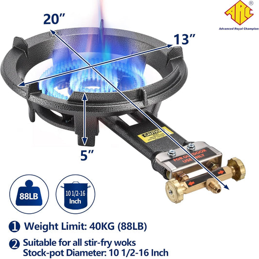 ARC Outdoor Propane Burner Stove, 13" Single Propane Burner, Cast Iron Portable Wok Burner with Bilateral Control Rings and 0-20 PSI Adjustable Regulator, Stainless Steel Hose