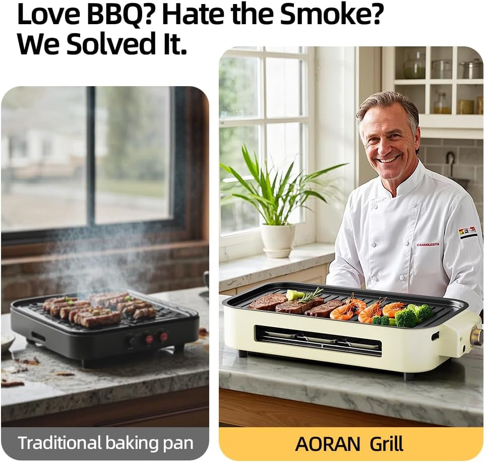 AORAN Indoor Grills Electric Smokeless – Versatile Smokeless Indoor Grill for Home Cooking, Featuring Indoor Grills Electric Smokeless, Skillet Griddle, and Kitchen Griddle White