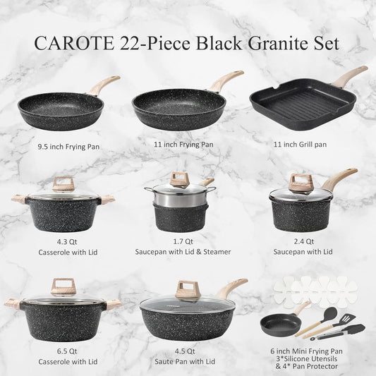 CAROTE 22Pcs Pots and Pans Set, Nonstick Cookware Sets, Granite Induction Cookware Non Stick Cooking Set W/Frying Pans & Saucepans(Pfos, PFOA Free)