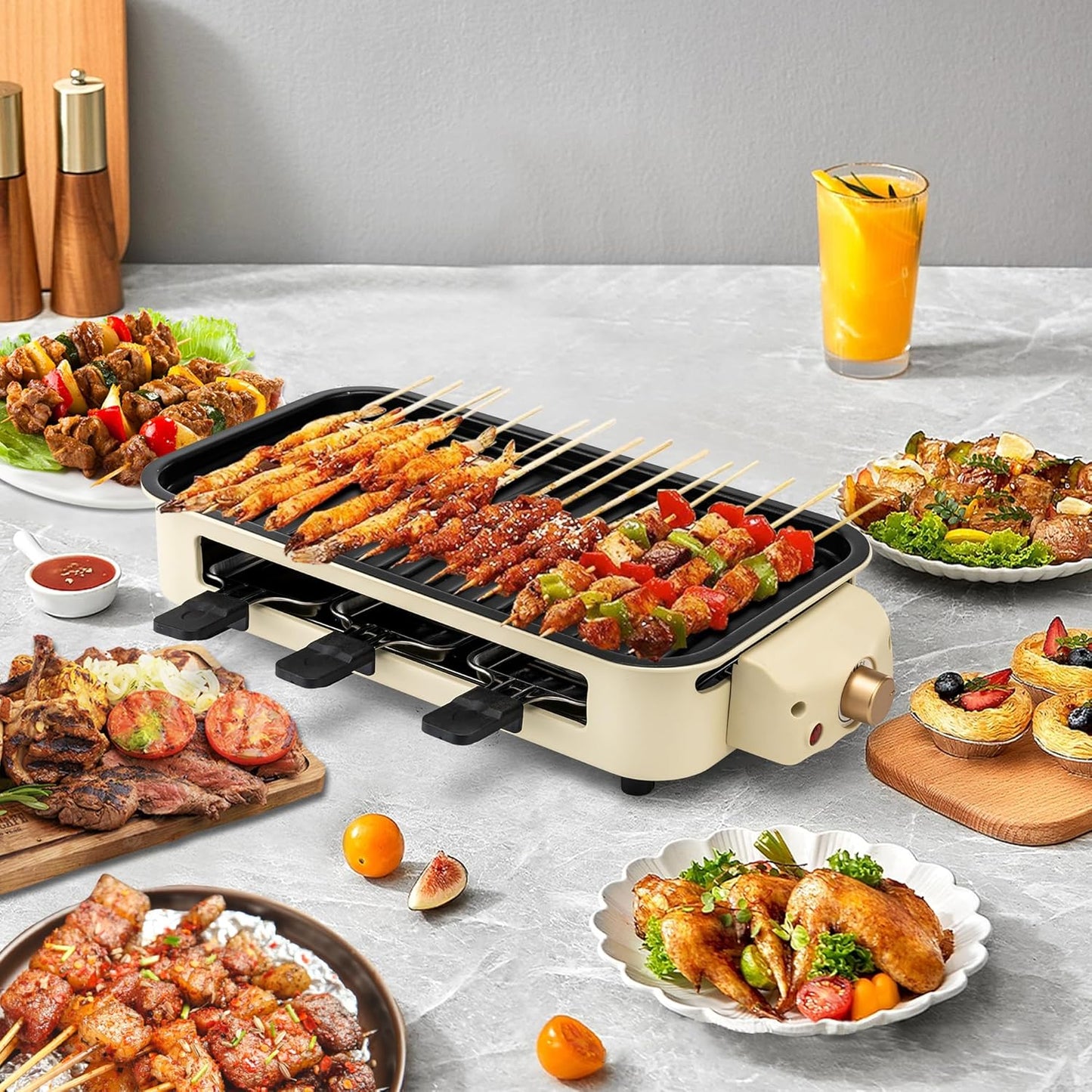 Pukomc Electric Indoor Grill,2 in 1 Indoor Grills for Kitchen with Grill Net & Non-Stick Cooking Removable Plate, Temperature Control, Dishwasher Safe, 1500W Smokeless Barbecue