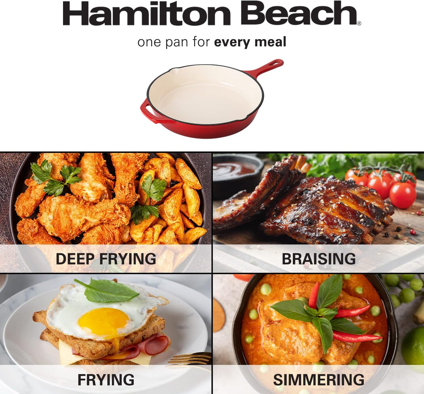 Hamilton Beach Enameled Cast Iron Fry Pan 12-Inch Red, Cream Enamel Coating, Skillet Pan for Stove Top and Oven