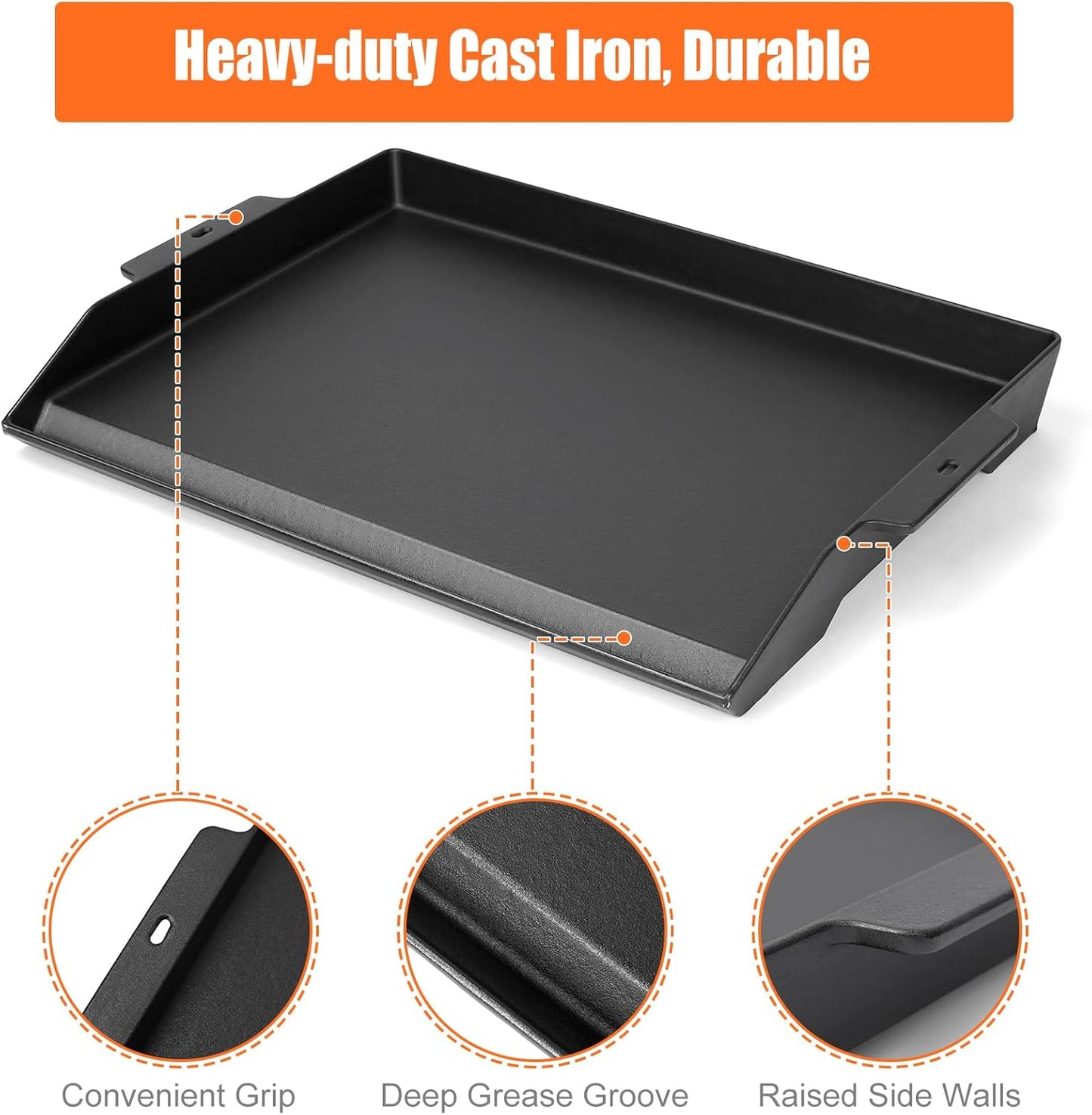 Universal Cast Iron Cooking Griddle 23" X 16", Nonstick Cast Iron Griddle Flat Top, Grill Plate with Extra High Sidewalls and Deep Grease Groove for Gas Grills and 4-5 Burner Range Oven
