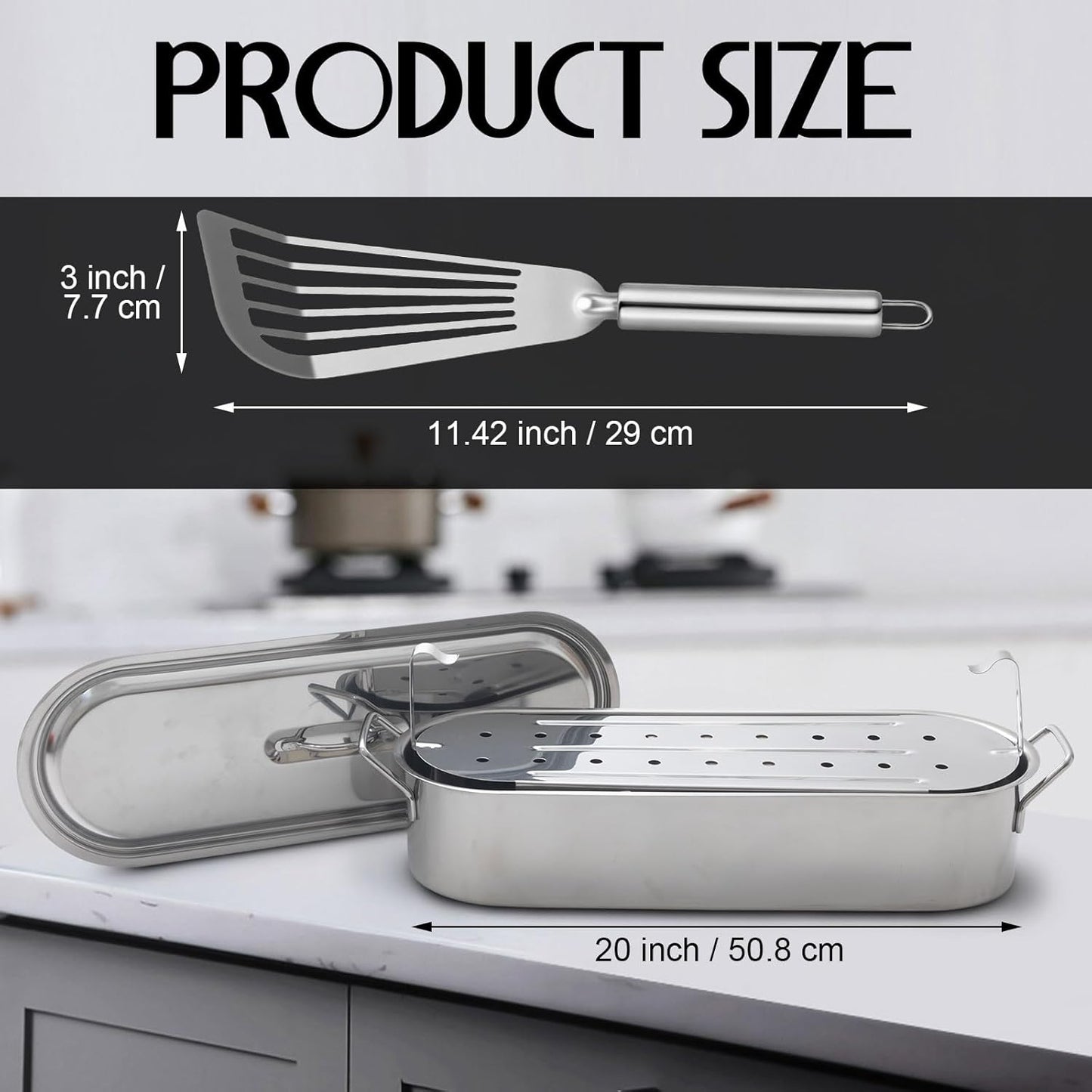 Maxdot 2 Pcs Stainless Steel Endurance Collection Fish Poaching Set, 20 Inch Removable Fish Poacher Rack with Stainless Steel Kitchen Spatula for Cooking, Flipping, Turning, Frying and Grilling
