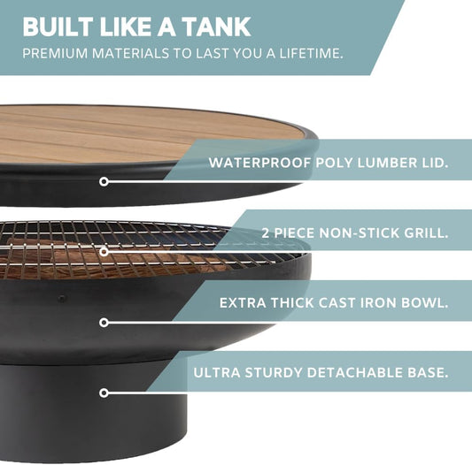 32 Inch round Fire Pit Table with Fire Pit Grill, Extra Thick, Heavy Duty Fire Bowl, Deep Outdoor Firepit, Wood Burning Firepits for outside Patio, Backyard Fire Pits, Large BBQ Pit