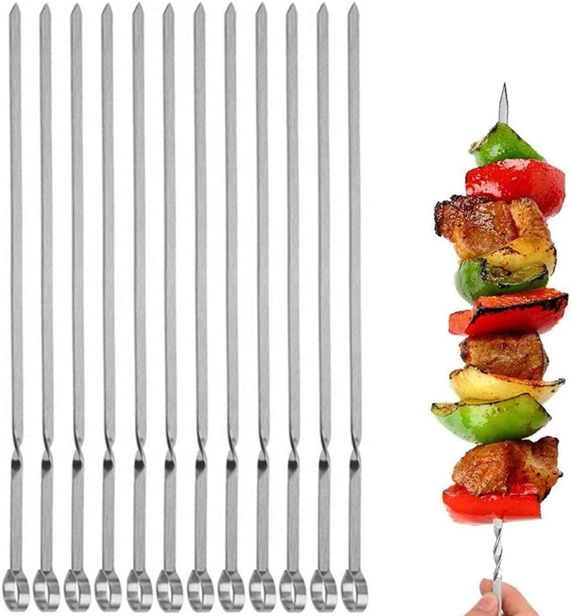 12PCS Kabob Skewers Flat Metal Stainless Steel BBQ Barbecue Skewer 16" Anti-Roll Heavy Duty Shish Kebob Sticks Wide Reusable Grilling Skewers Set for Meat Shrimp Chicken Vegetable Kebab Fork Sausageā¦
