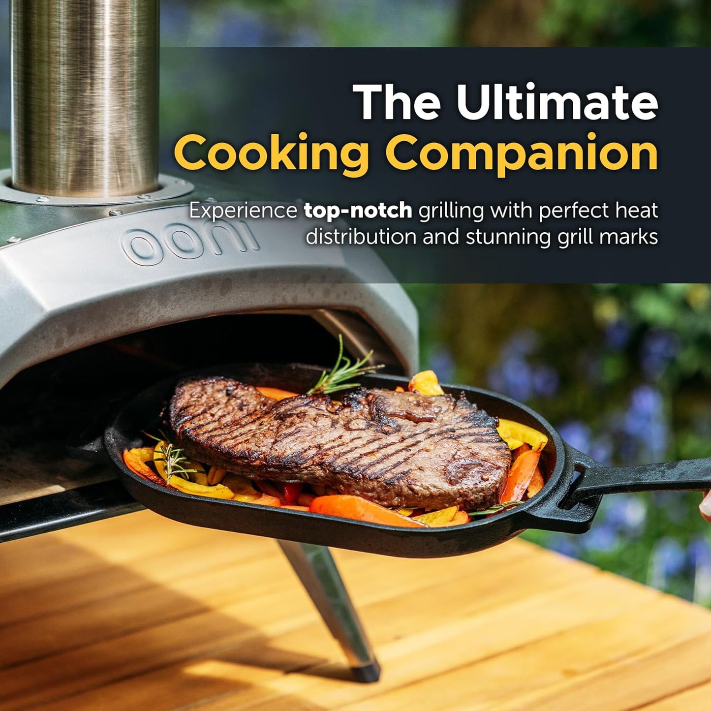 Ooni Cast Iron Grizzler Pan - Grill Frying Pan, 12" X 6" Griddle Plate with Removable Handle and Bamboo Trivet, Pre-Seasoned Non-Stick Oven Safe Cookware, Pizza Oven and BBQ Accessories