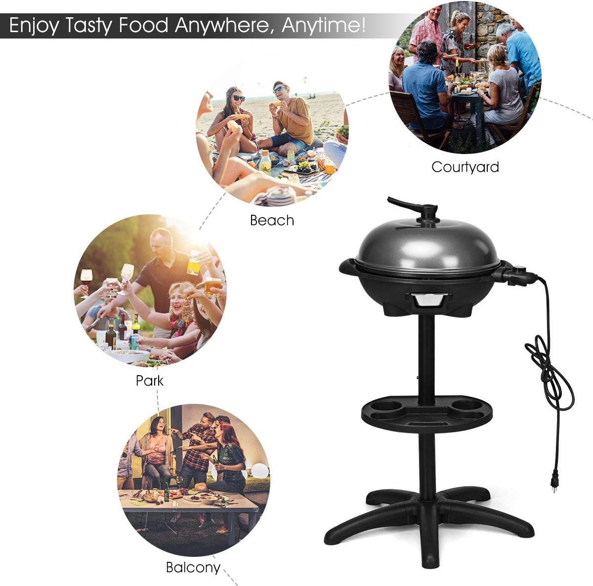 Giantex Electric Grill Indoor Outdoor, Non-Stick Grill Griddle Plate, 3 Cooking Zones, Temperature Control, Drip Tray, 1350W 200Sq.In BBQ Grill for Balcony Apartments Backyard Party Camping (Black)