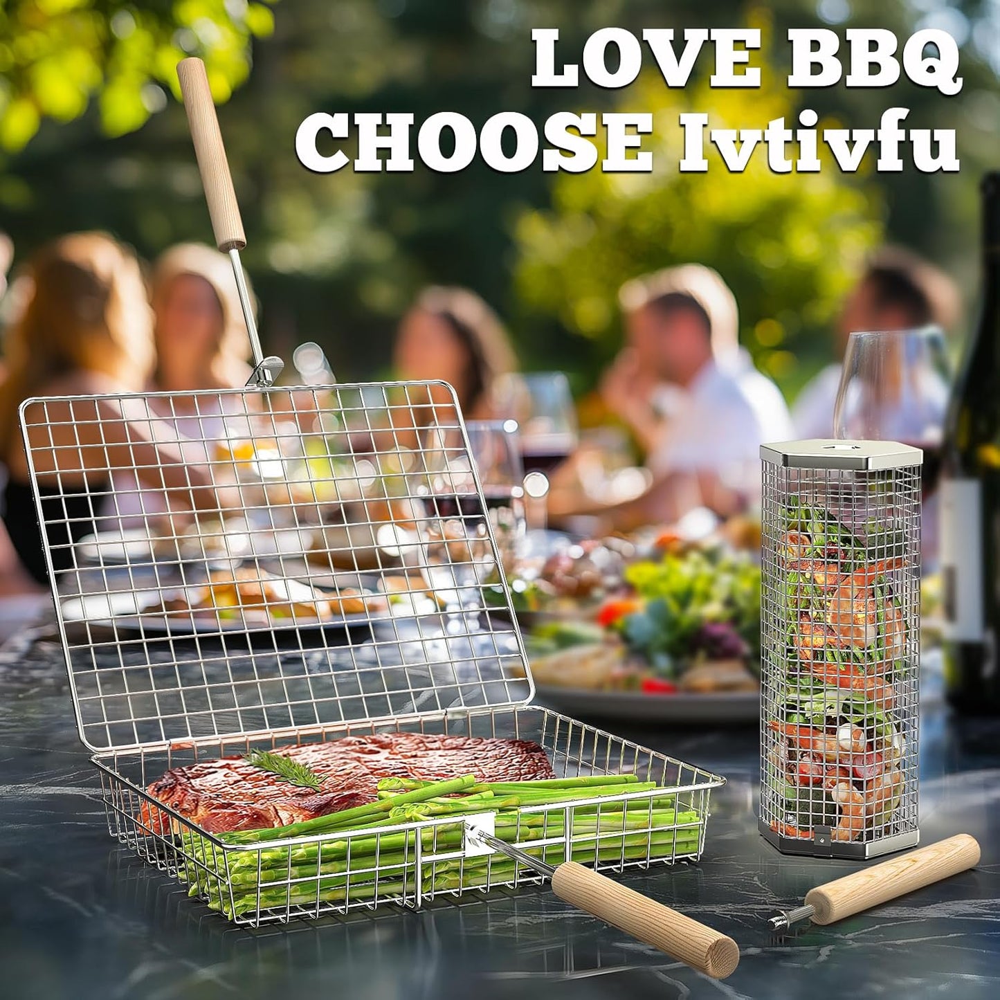 Grill Basket Set(Rectangular+Hexagon), Removable Wooden Handle, 304 Stainless Steel, Rolling Grilling Net, BBQ Accessories Tools for Vegetables Shrimp, Outdoor Cooking Camping, Birthday Gifts for Men Dad Husband