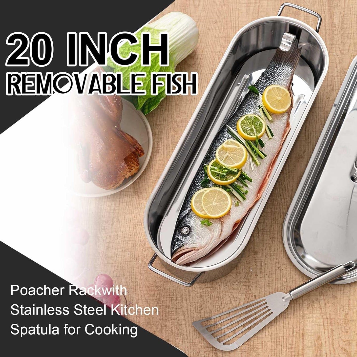 Maxdot 2 Pcs Stainless Steel Endurance Collection Fish Poaching Set, 20 Inch Removable Fish Poacher Rack with Stainless Steel Kitchen Spatula for Cooking, Flipping, Turning, Frying and Grilling