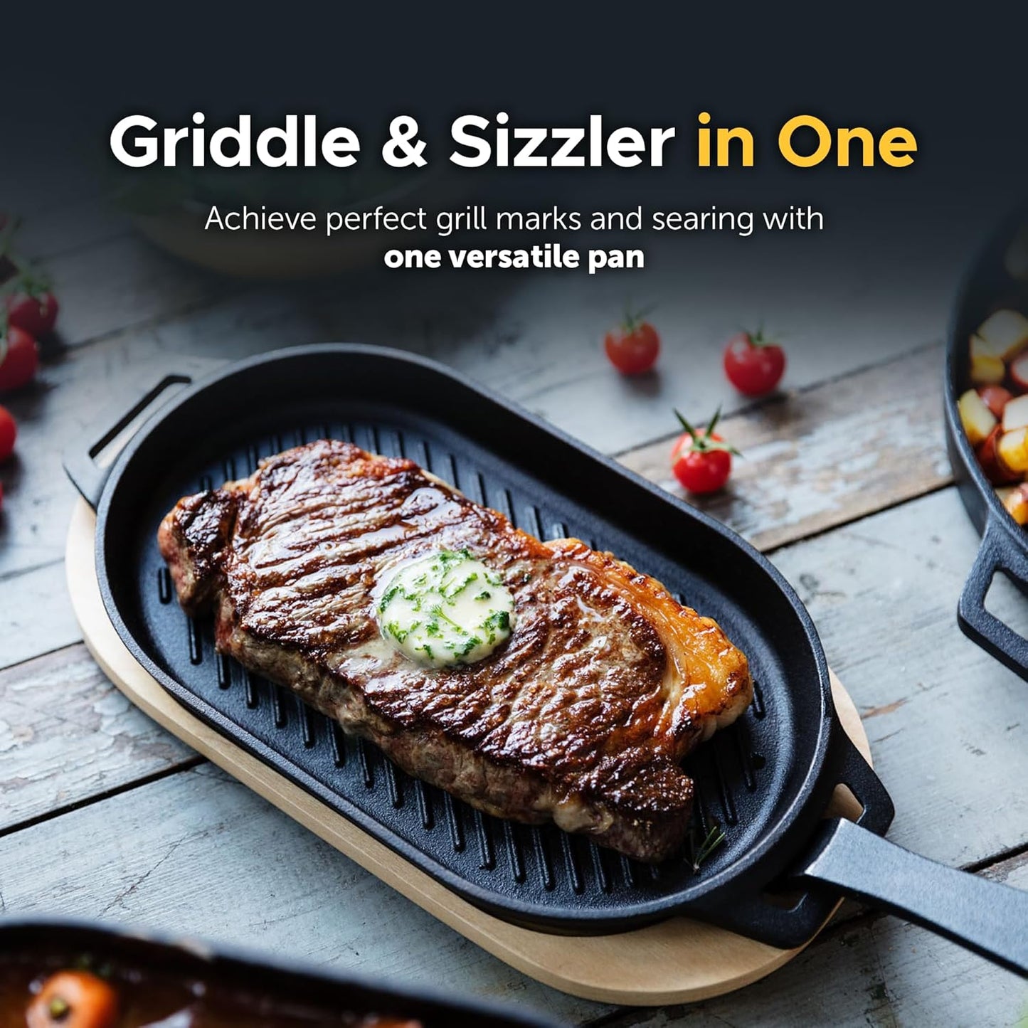 Ooni Cast Iron Grizzler Pan - Grill Frying Pan, 12" X 6" Griddle Plate with Removable Handle and Bamboo Trivet, Pre-Seasoned Non-Stick Oven Safe Cookware, Pizza Oven and BBQ Accessories