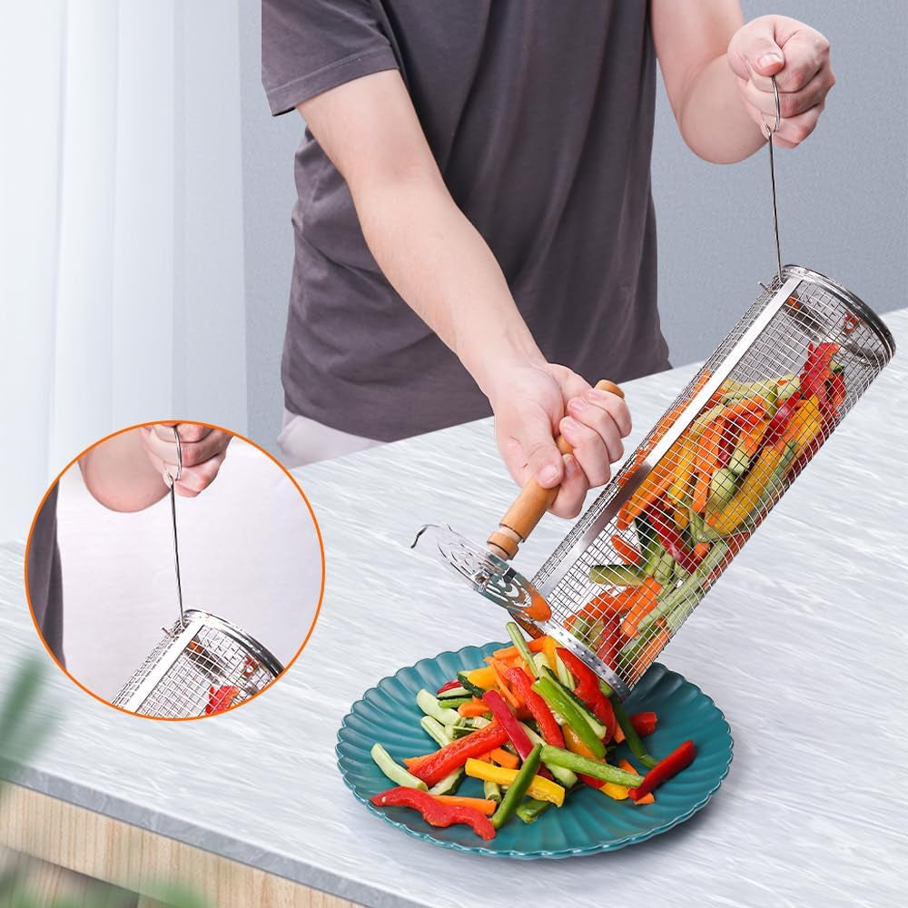 Rolling Barbecue Cage Large Stainless Steel Grilling Basket for Outdoor BBQ Mesh Net Tube Cooking Accessories for Vegetable Fish Camping Gift for Men Dad Husband Housewarming Perfect BBQ Tool