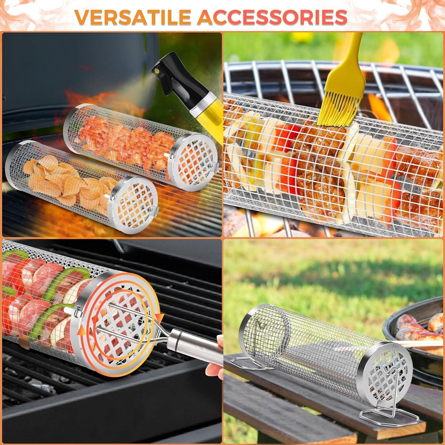 Rolling Grilling Basket, 2 PCS BBQ Grill Basket, Stainless Steel Grill Mesh with Grilling Accessories, Portable Outdoor Camping BBQ Grill Nets Cylinder for Fish, Shrimp, Vegetables, Meat