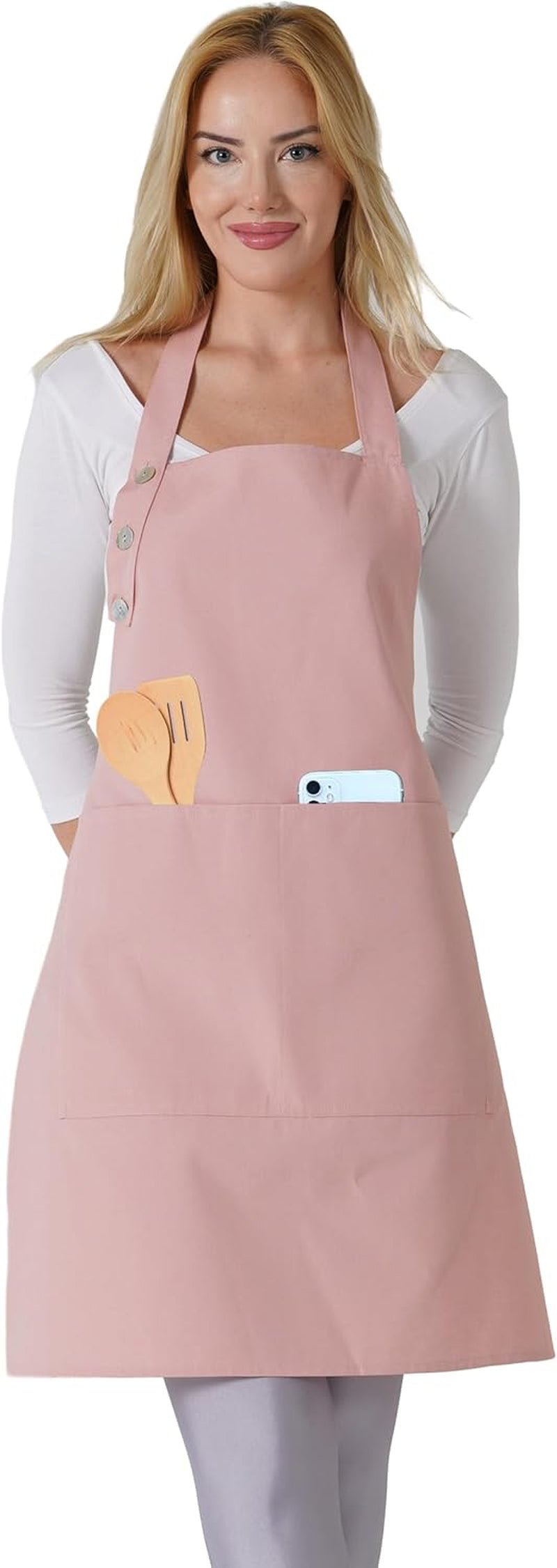 TOSHE Kitchen Apron Waterdrop Resistant Cotton Apron with Adjustable Aprons for Women with Pockets 10 Color Option Cooking Powder Pink Apron (Powder Pink)