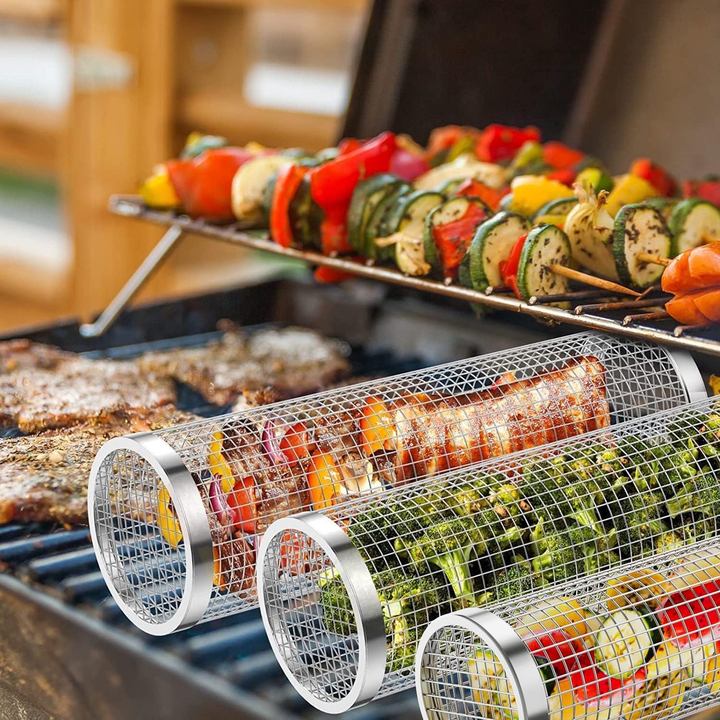 BBQ Net Tube-Rolling Grilling Basket,Rolling Grilling Baskets for Outdoor Grilling,Round Stainless Steel BBQ Grill Mesh, Camping Barbecue Rack for Vegetables, French Fries, Fish