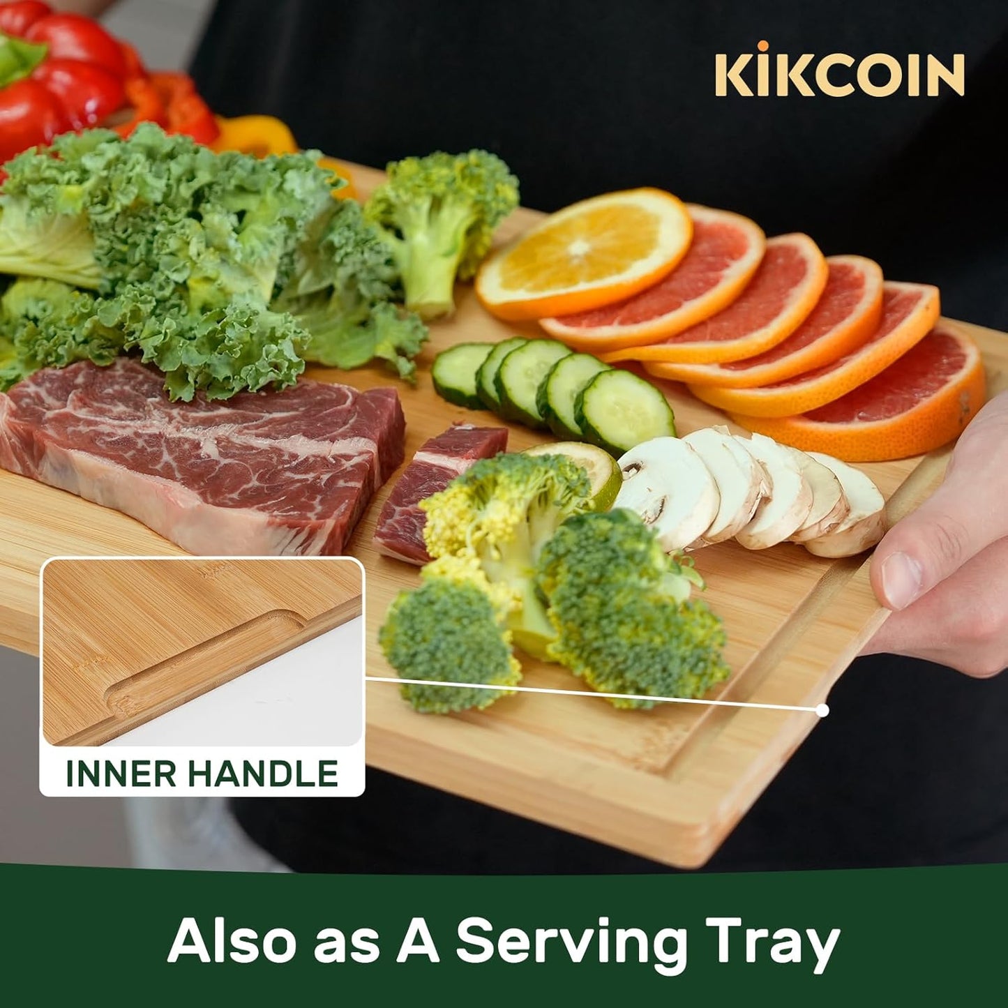 Bamboo Cutting Boards for Kitchen, Extra Large Wood Cutting Board with Deep Juice Groove and Handle Heavy Duty Chopping Board, Kikcoin, 17.6" X 12"