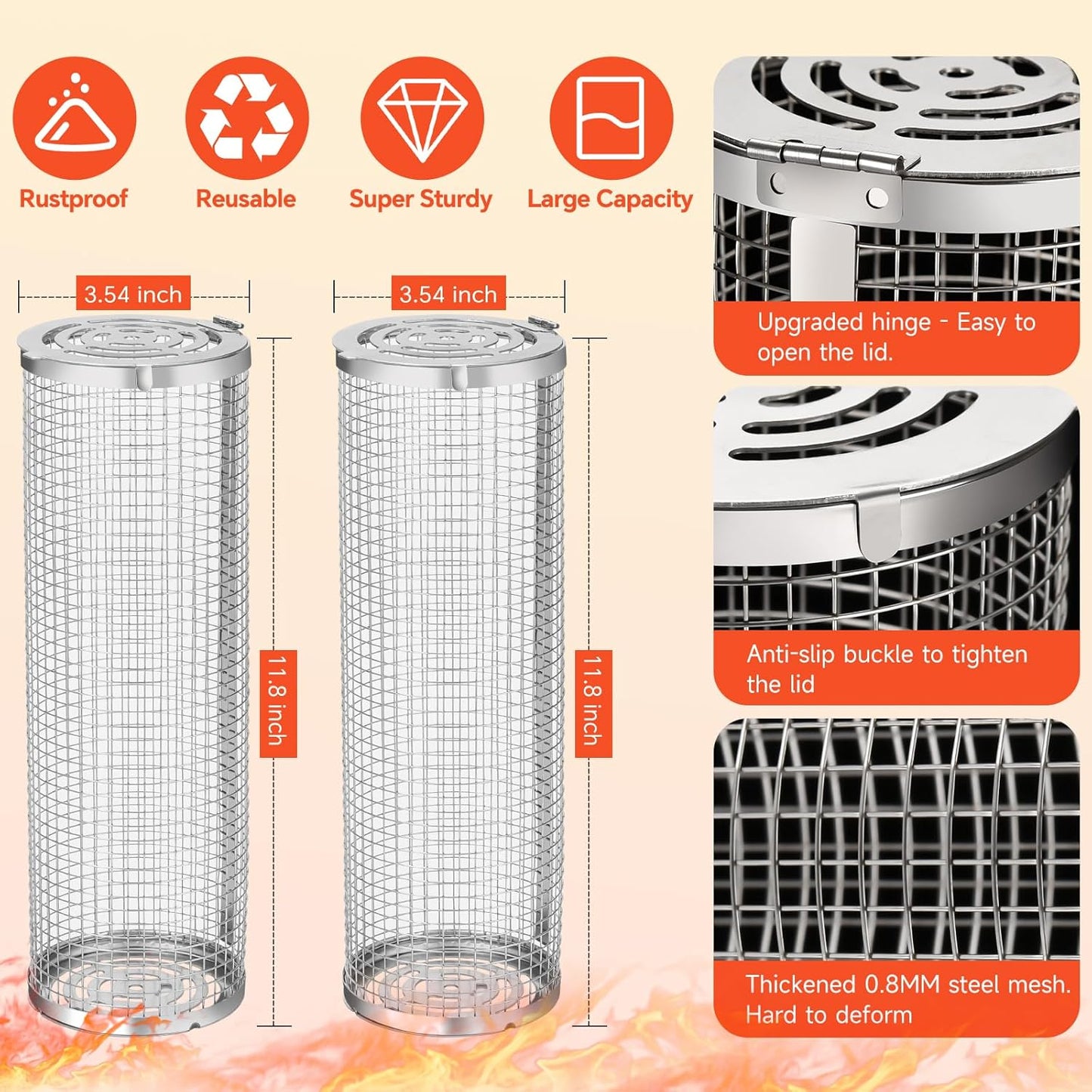 BBQ Basket 2 PCS, Stainless Steel Rolling Grill Mesh for Fish, Shrimp, Meat, Vegetables, Fries - Portable Barbeque Accessories for Outdoor Grilling