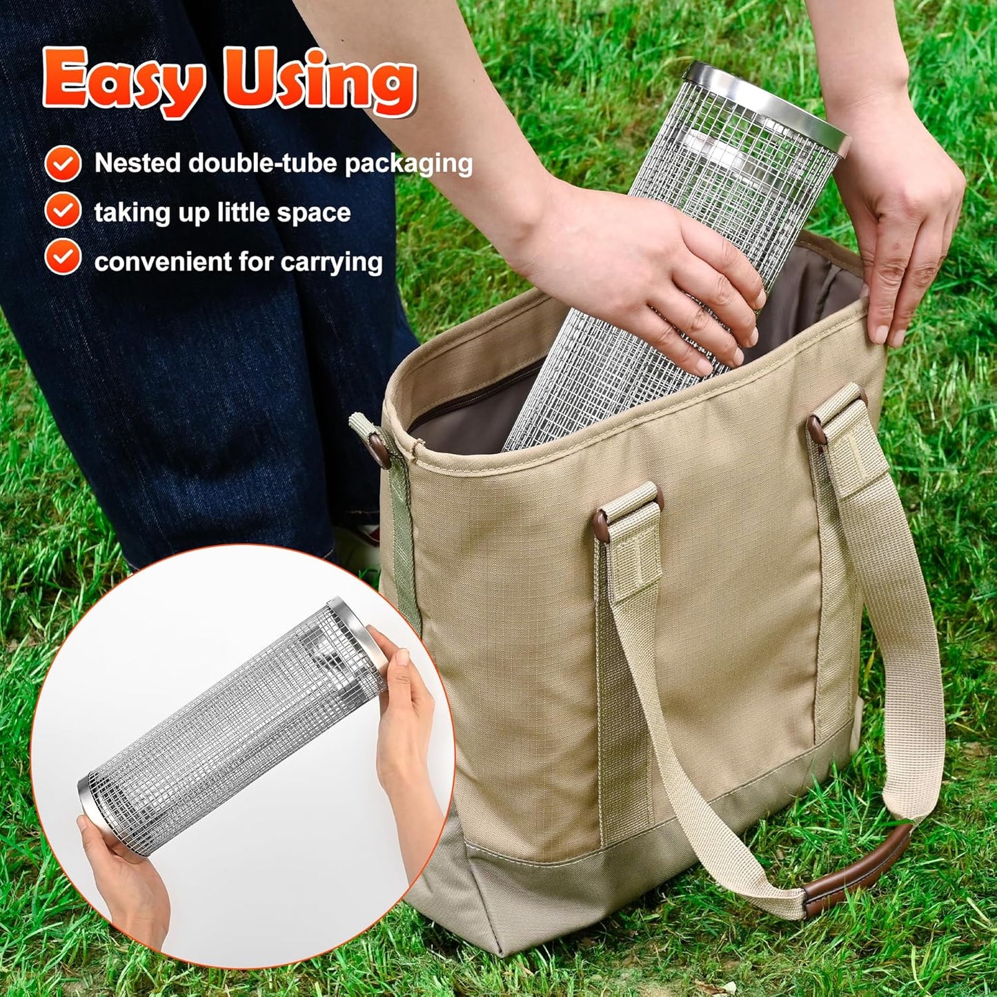 2PCS Stainless Steel Rolling Grill Baskets for Outdoor BBQ | Heavy-Duty Grilling Basket with Locking Handle | round Grill Accessories for Fish, Meat, Vegetables | BBQ Gifts for Men & Grill Enthusiasts