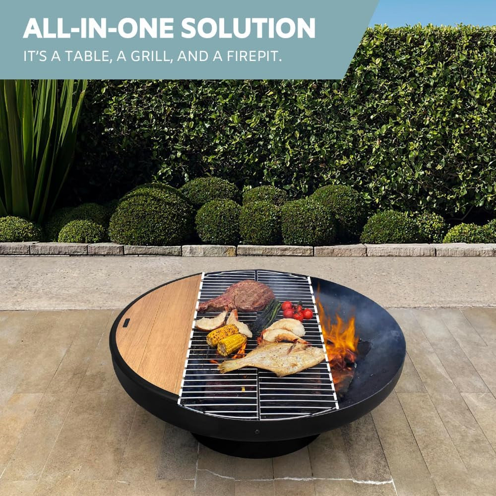 32 Inch round Fire Pit Table with Fire Pit Grill, Extra Thick, Heavy Duty Fire Bowl, Deep Outdoor Firepit, Wood Burning Firepits for outside Patio, Backyard Fire Pits, Large BBQ Pit