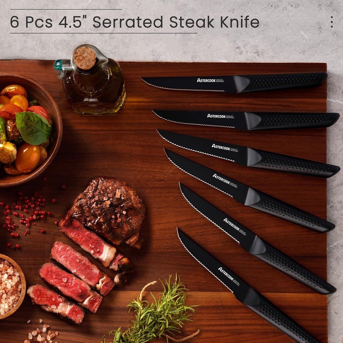Astercook Knife Set, 15 Pieces Kitchen Knife Sets with Block and Built-In Knife Sharpener, German Stainless Steel Handle One-Piece Design Knives Block Set Dishwasher Safe, Black