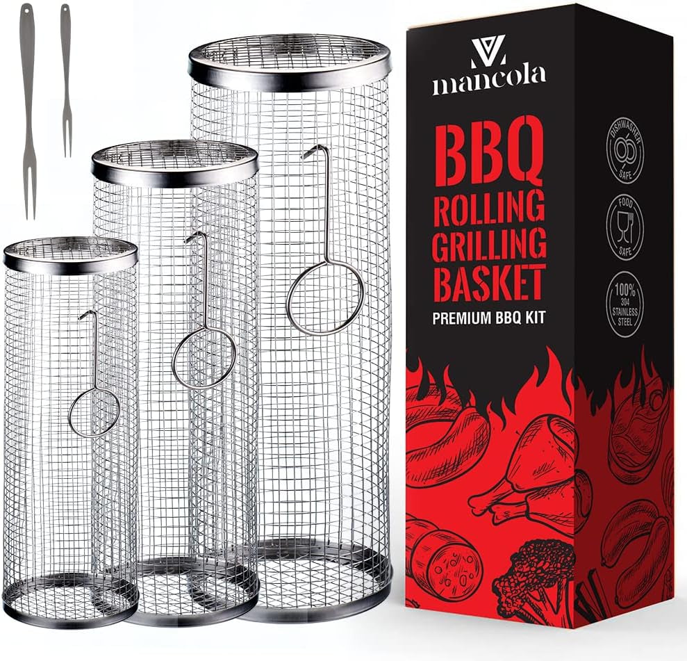 BBQ Net Tube-Rolling Grilling Basket,Rolling Grilling Baskets for Outdoor Grilling,Round Stainless Steel BBQ Grill Mesh, Camping Barbecue Rack for Vegetables, French Fries, Fish