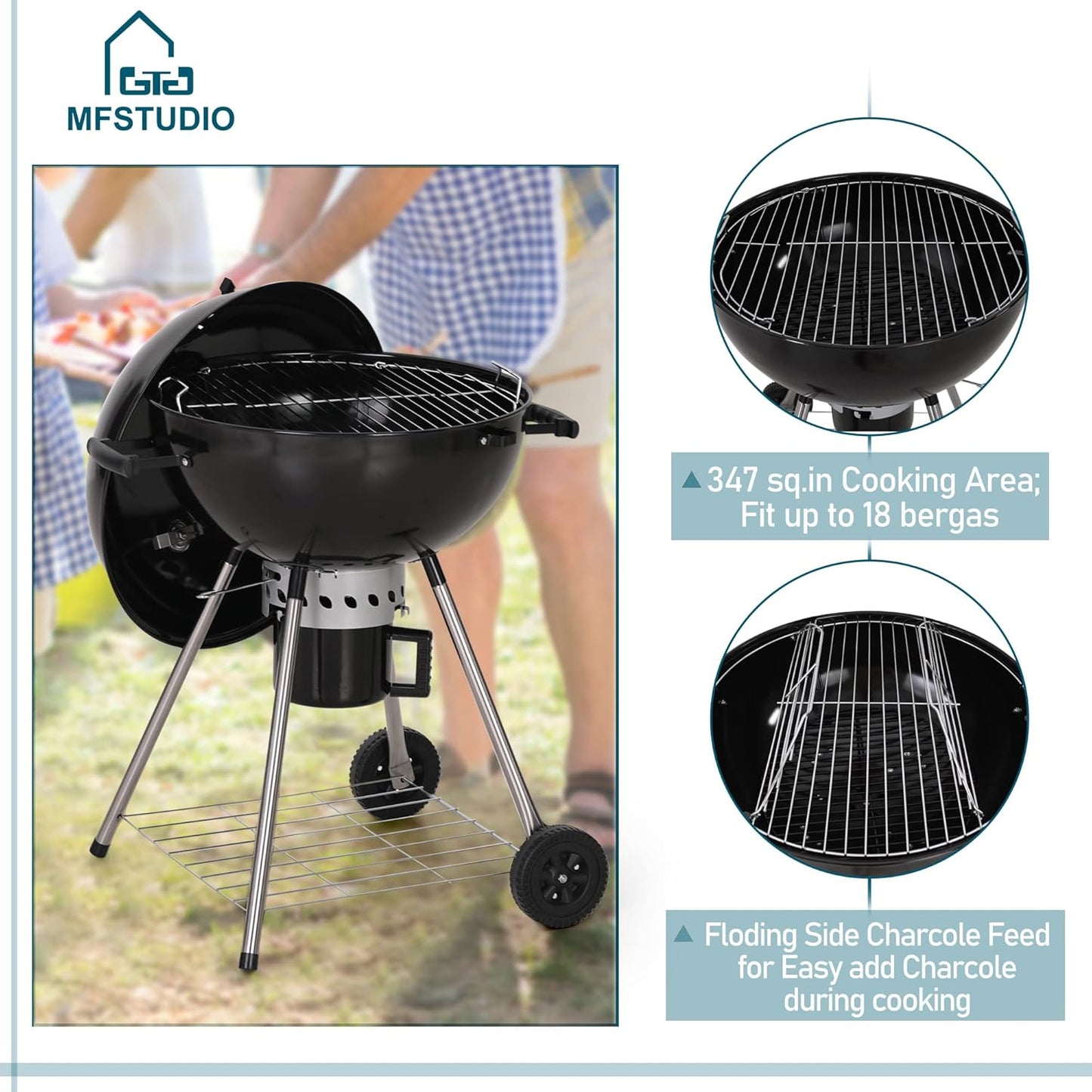 MFSTUDIO 22" Master Kettle Charcoal Grill, Premium Outdoor Barbecue Grill with Thermometers, Porcelain-Enameled Lid & Ash Catcher, Black
