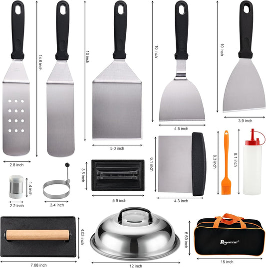 ROMANTICIST 19PCS Griddle Accessories Set - Flat Top Teppanyaki Spatula Set with Scraper, Basting Cover for Camp Chef- Home Cooking Griddle and Outdoor BBQ Gifts for Christmas