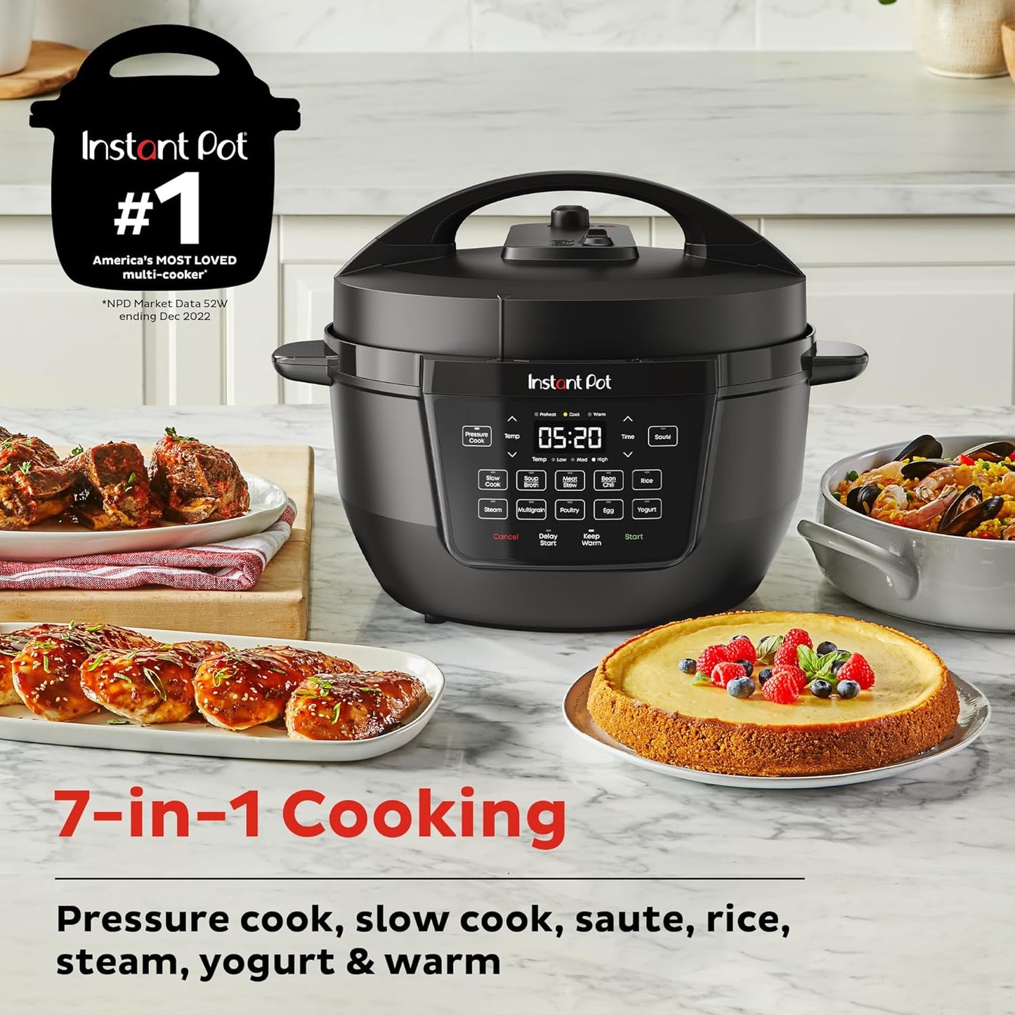 Instant Pot RIO Wide Base, 7.5 Qt, Large Searing Base, Whisperquiet Steam Release, 7-In-1 Multi-Cooker, Pressure, Slow, Rice, Steamer, Sauté, Yogurt & Warmer