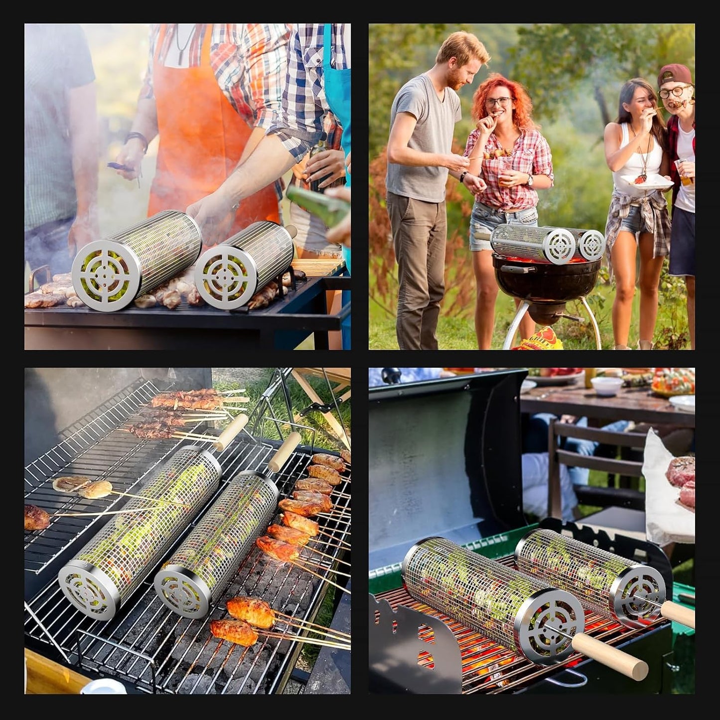 Rolling Grilling Baskets for Outdoor Grill, 2 Pcs BBQ Grill Basket, Stainless Steel Barbeque Grill Accessories Set, Camping Picnic Cooking Tools for Vegetable/Shrimp/Chicken, Gifts for Men Dad Husband