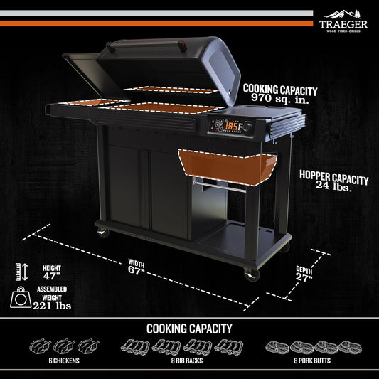 Traeger Woodridge Elite Electric Wood Pellet Grill and Smoker, 970 Sq. In., Side Sear Station, Wifire Technology, Super Smoke Mode, Outdoor Pellet Smoker Grill with Insulated Body, TFC97XLH