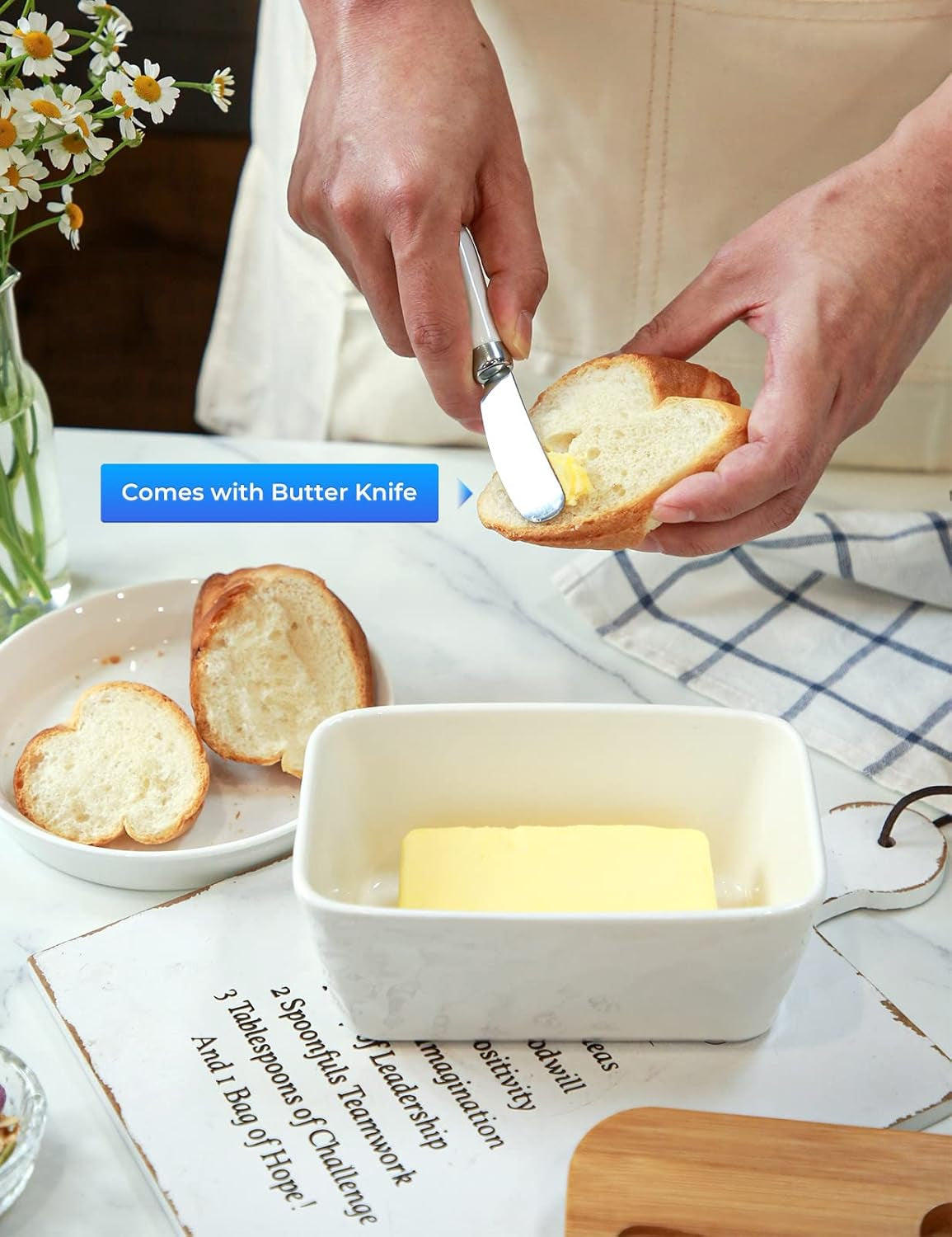 Butter Dish with Lid, Large Butter Dish for Countertop, Ceramic Butter Container with Knife Double Silicone Seal Unique Stone Butter Dishes with Covers for Farmhouse Kitchen Decor Home Decor White