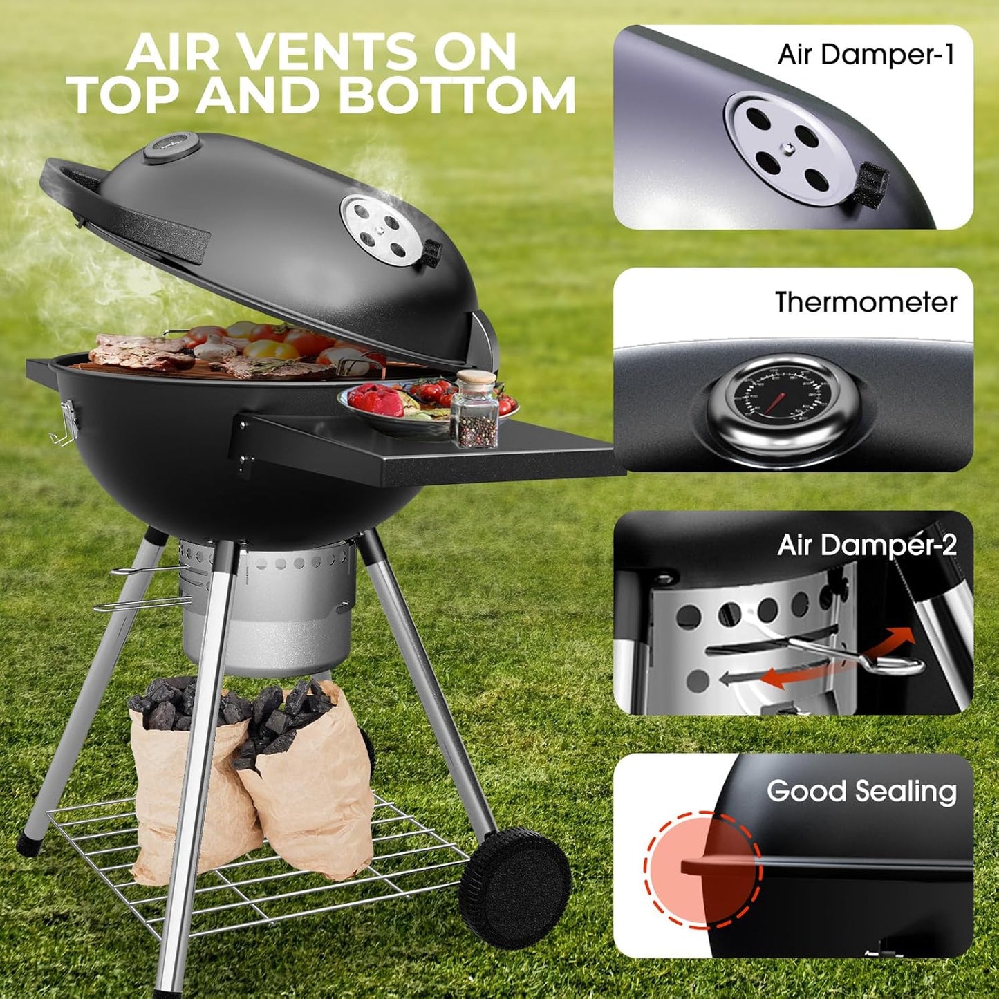 22 Inch Charcoal Grill with 2 Foldable Side Tables,Charcoal Kettle Grills with Wheels,Outdoor Bbq Grill,Portable Charcoal Grill for Camping,Party,Backyard (Black)