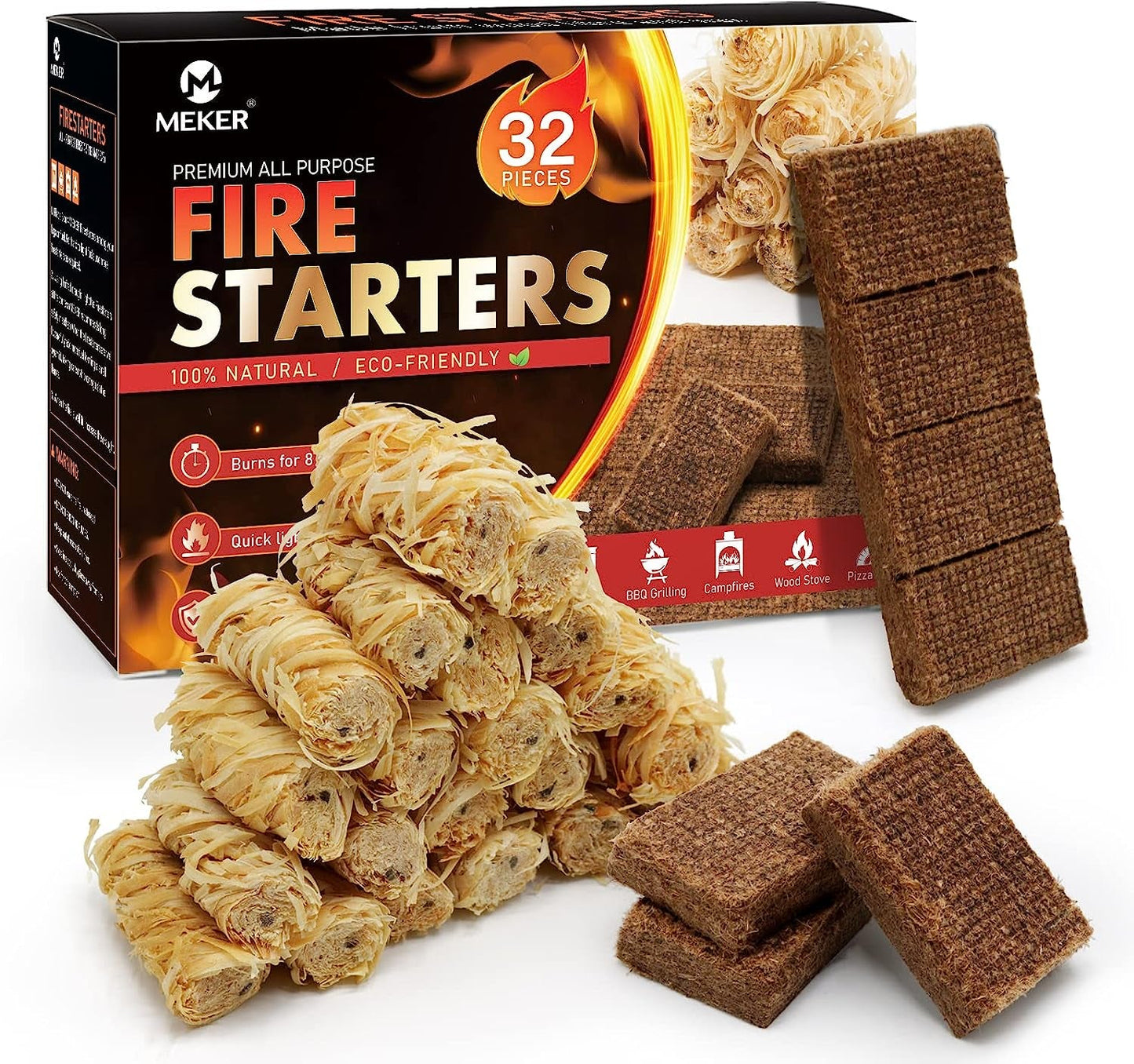 MEKER Fire Starters - Natural Fire Starters for Fireplace, Campfires, Fire Pit, BBQ Grill, Wood Stove, All Weather Charcoal Starter, Wood Wool Firelighters & Odorless Fire Starter Eco Friendly