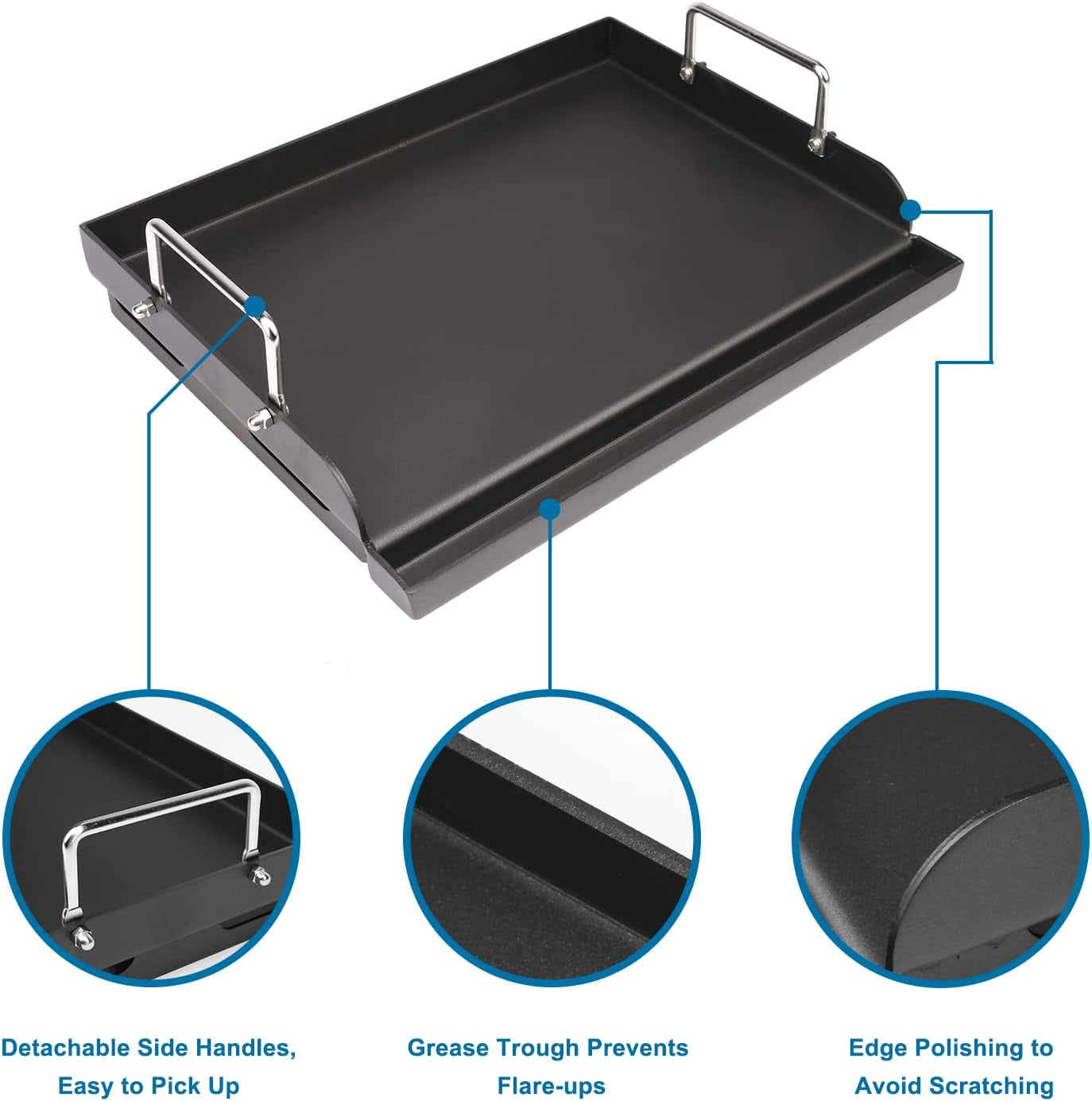 Utheer 17" X 13" Nonstick Coating Cooking Griddle for Gas Grill, Universal Griddle Flat Top Plate Insert with Grease Groove and Removable Handles for Charcoal/Gas Grills, Camping, Tailgating, Parties