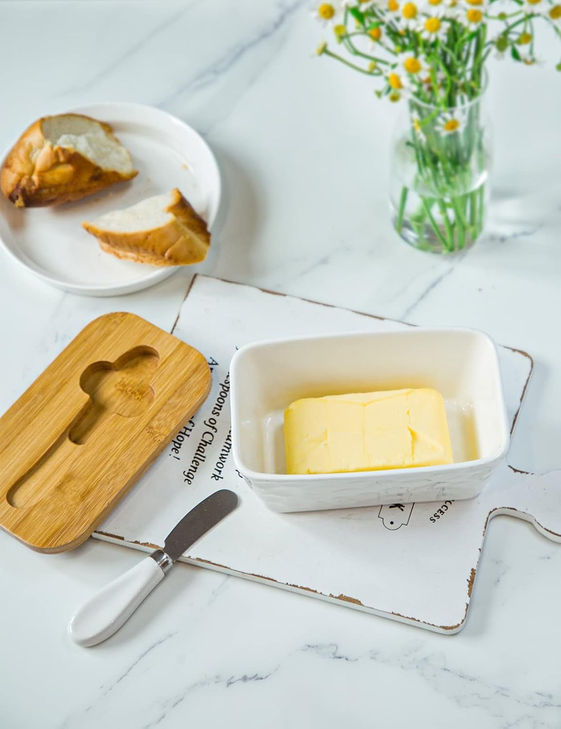 Butter Dish with Lid, Large Butter Dish for Countertop, Ceramic Butter Container with Knife Double Silicone Seal Unique Stone Butter Dishes with Covers for Farmhouse Kitchen Decor Home Decor White