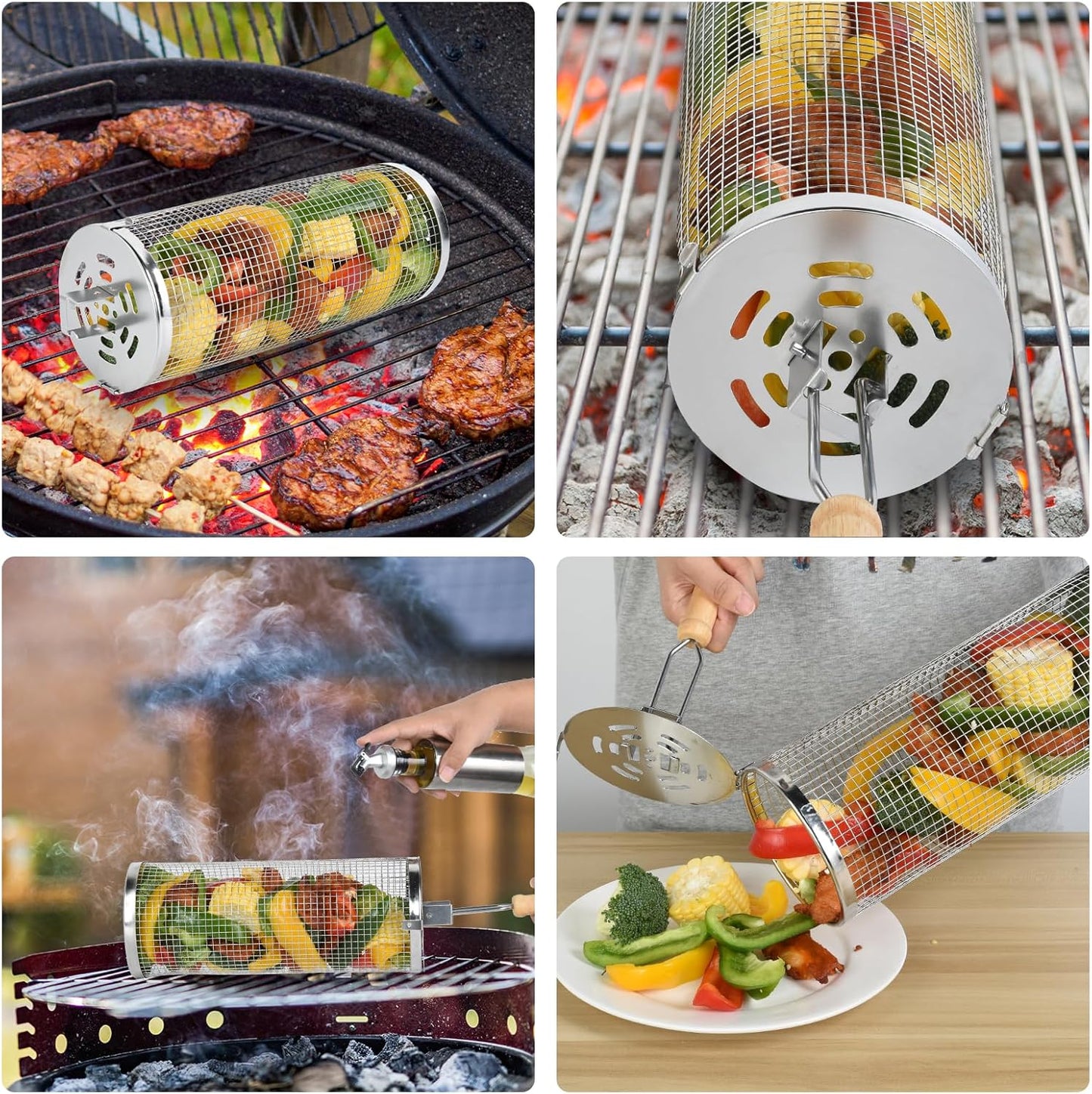 Rolling Grill Baskets for Outdoor,2 PCS BBQ Grilling Basket with Removable Wooden Handle, 5" and 3"Diameter 304 Stainless Steel BBQ Net for Vegetables Seafood Meat, Camping Birthday Gifts for Men Dad Husband
