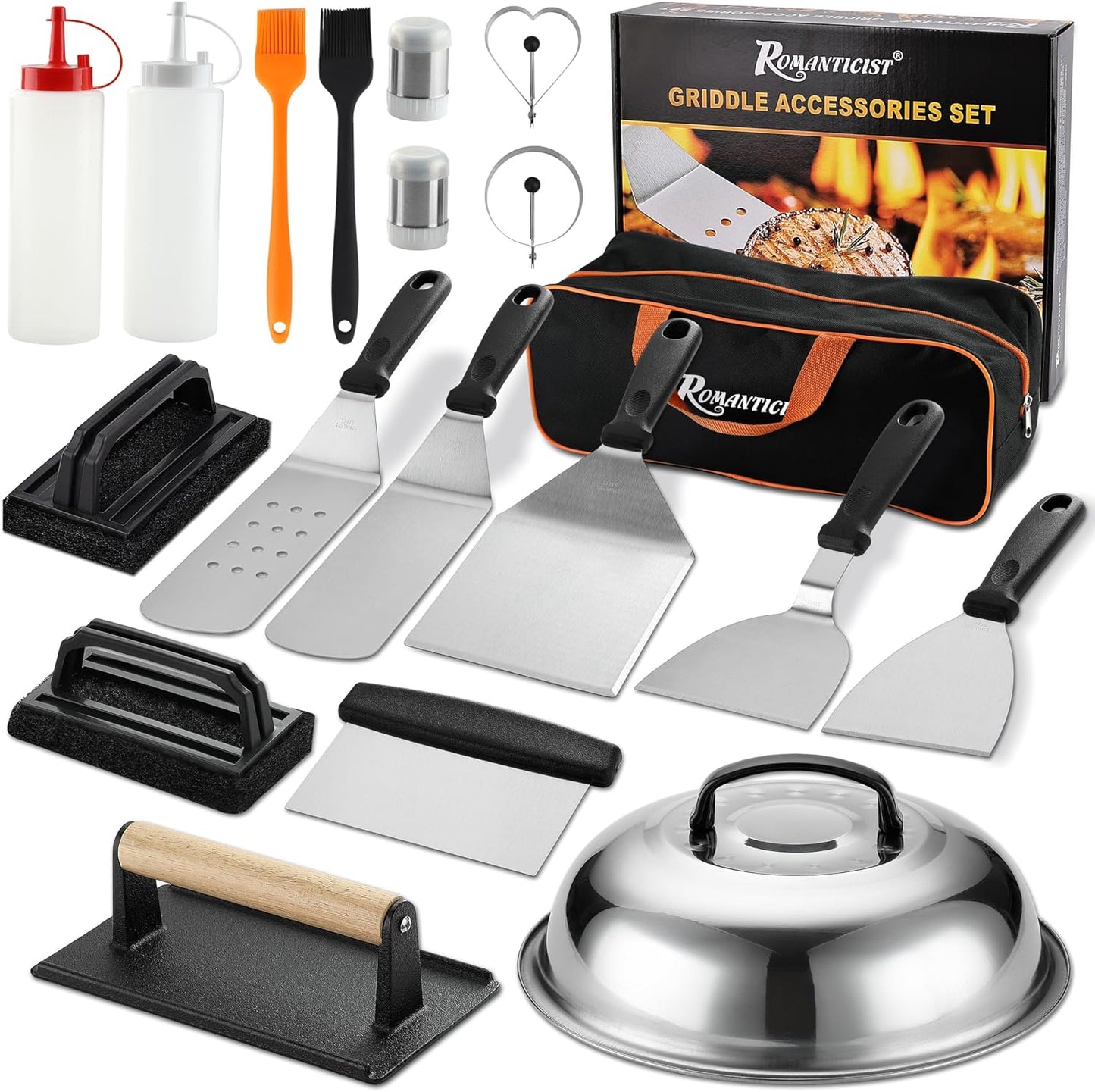 ROMANTICIST 19PCS Griddle Accessories Set - Flat Top Teppanyaki Spatula Set with Scraper, Basting Cover for Camp Chef- Home Cooking Griddle and Outdoor BBQ Gifts for Christmas