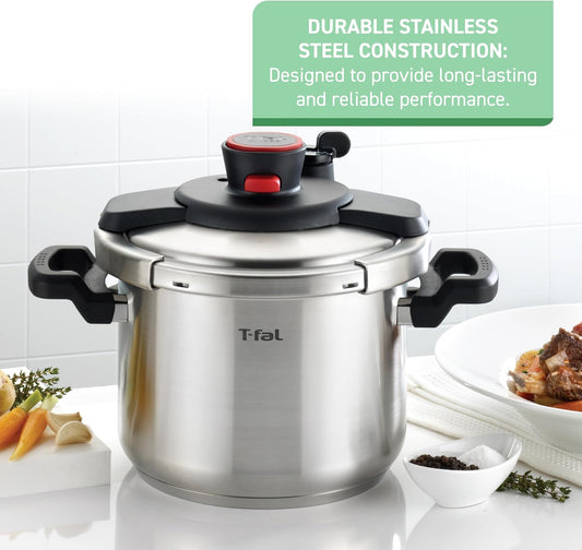 T-Fal Clipso Stainless Steel Pressure Cooker 8 Quart, Induction Compatible, Secure Locking System, One Hand System, Fast Cooking, Recipe Book Included, Cookware, Pots and Pans, Dishwasher Safe, Silver