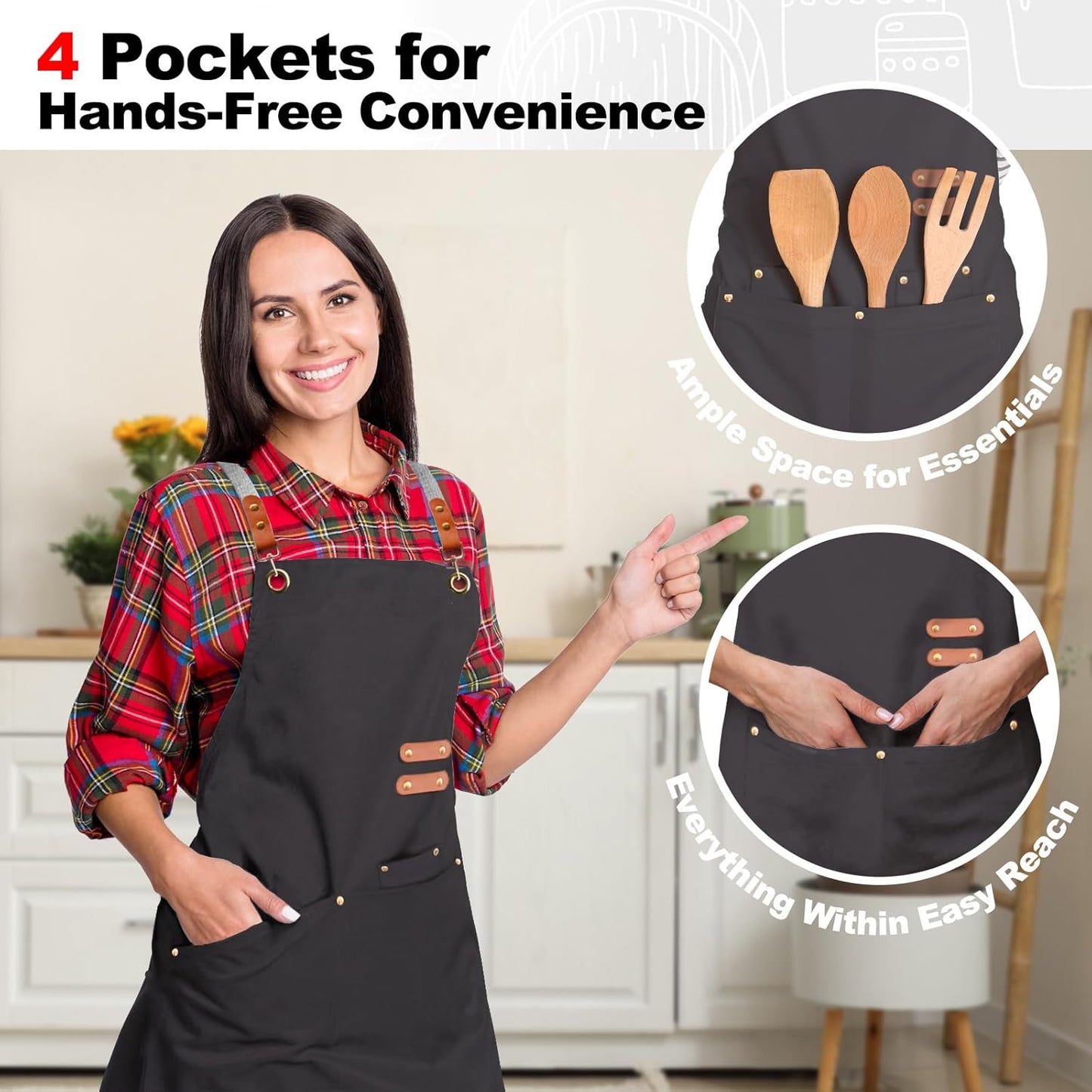 Chef Canvas Apron for Men Women,Cross Back Kitchen Bib Apron with 4 Pockets,For Cooking Hairstylist Work