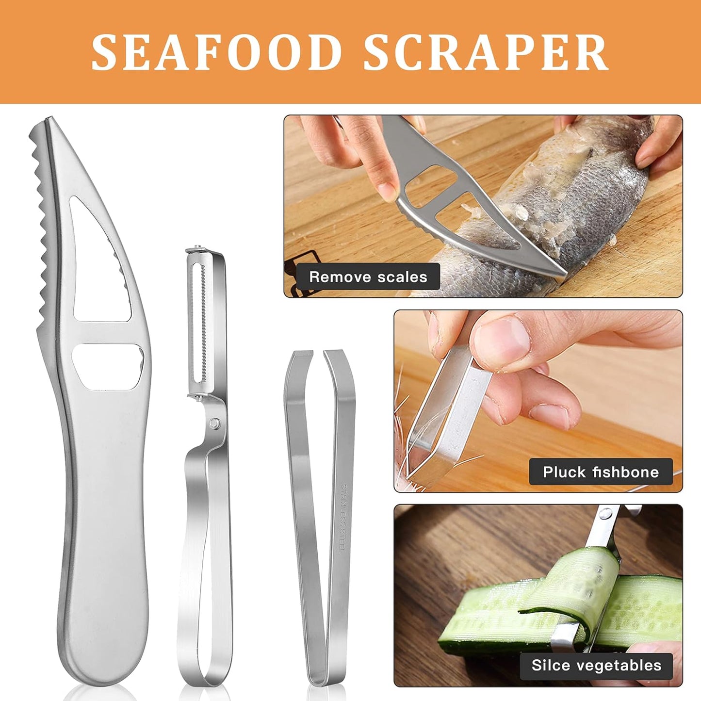 7 Pieces Fish Scaler Brush Remover with Gray Mitten, Stainless Steel Sawtooth Remover Removing Peeler Cleaning Tool Fish Shape Tweezers for Fish Scales Removing Peeling