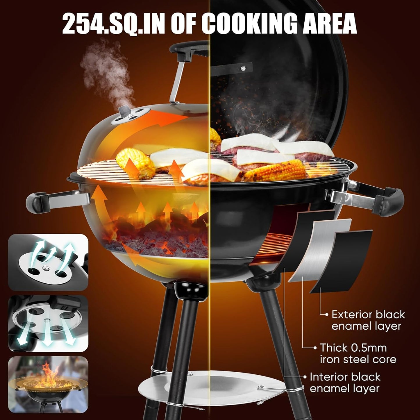 18 Inch Charcoal Grill, Hasteel 2-In-1 Kettle Outdoor Barbecue Grill, Portable Black BBQ Grill for Camping/Backyard/Patio/Picnic, Porcelain-Enameled Lid & Fire Bowl, 254.SQ.IN Cooking Area, 13-Piece