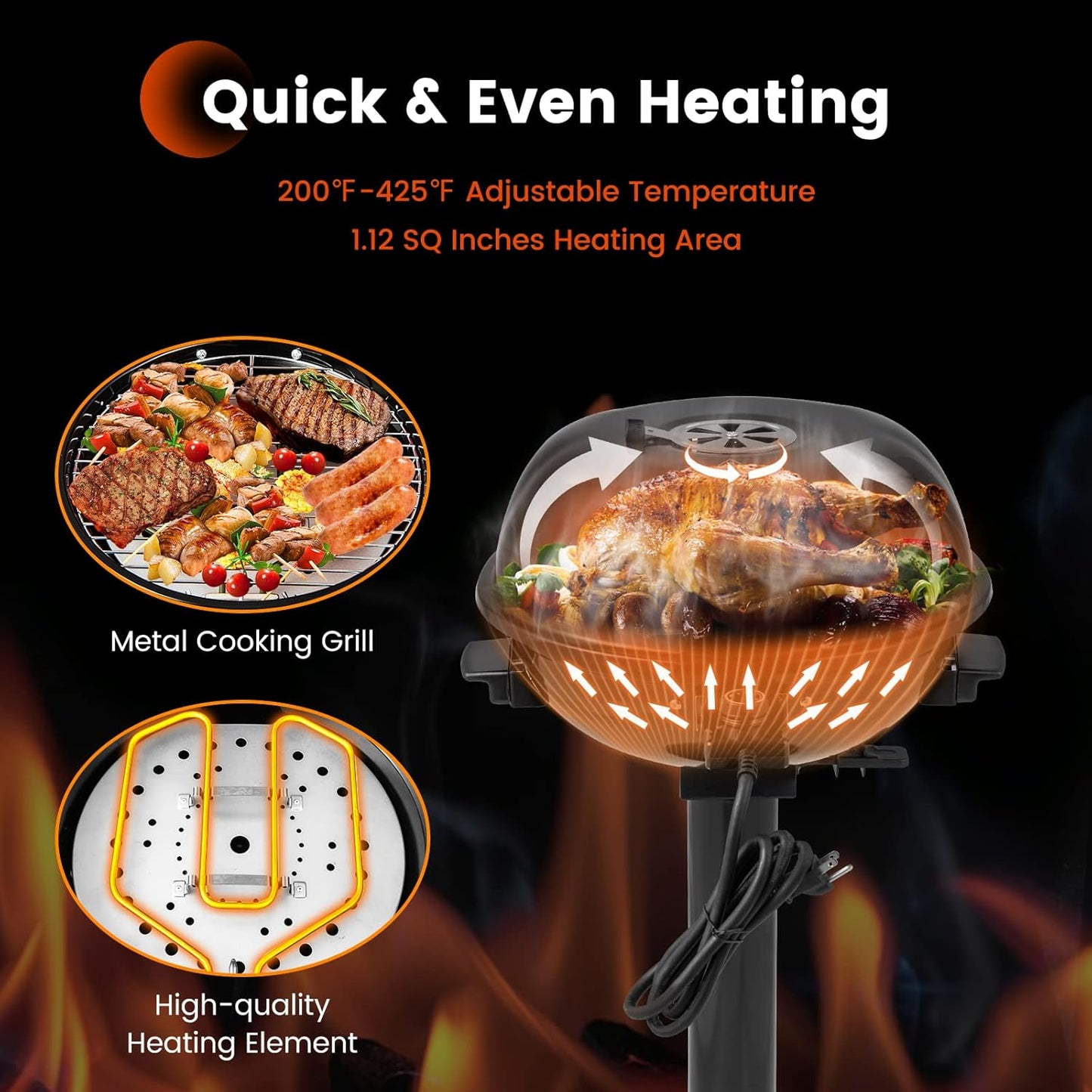 COSTWAY Electric BBQ Grill, Portable Grill with Metal Cooking Grilling Rack, Detachable Temperature Control & Removable Grease Collector, Outdoor Freestanding Grill for Camping &Tailgating (Black)